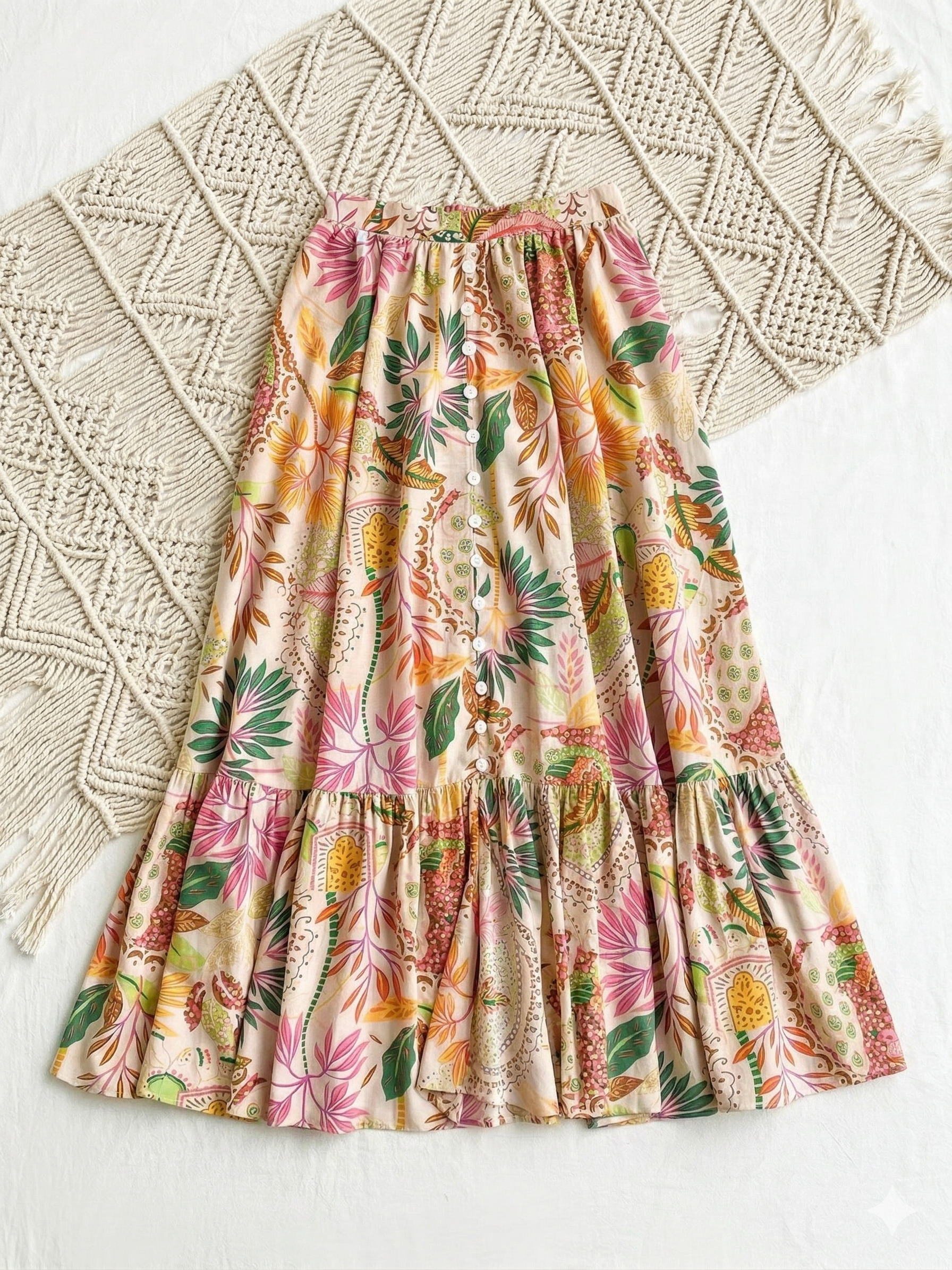 Tropical Floral Tiered Ruffle Midi Skirt