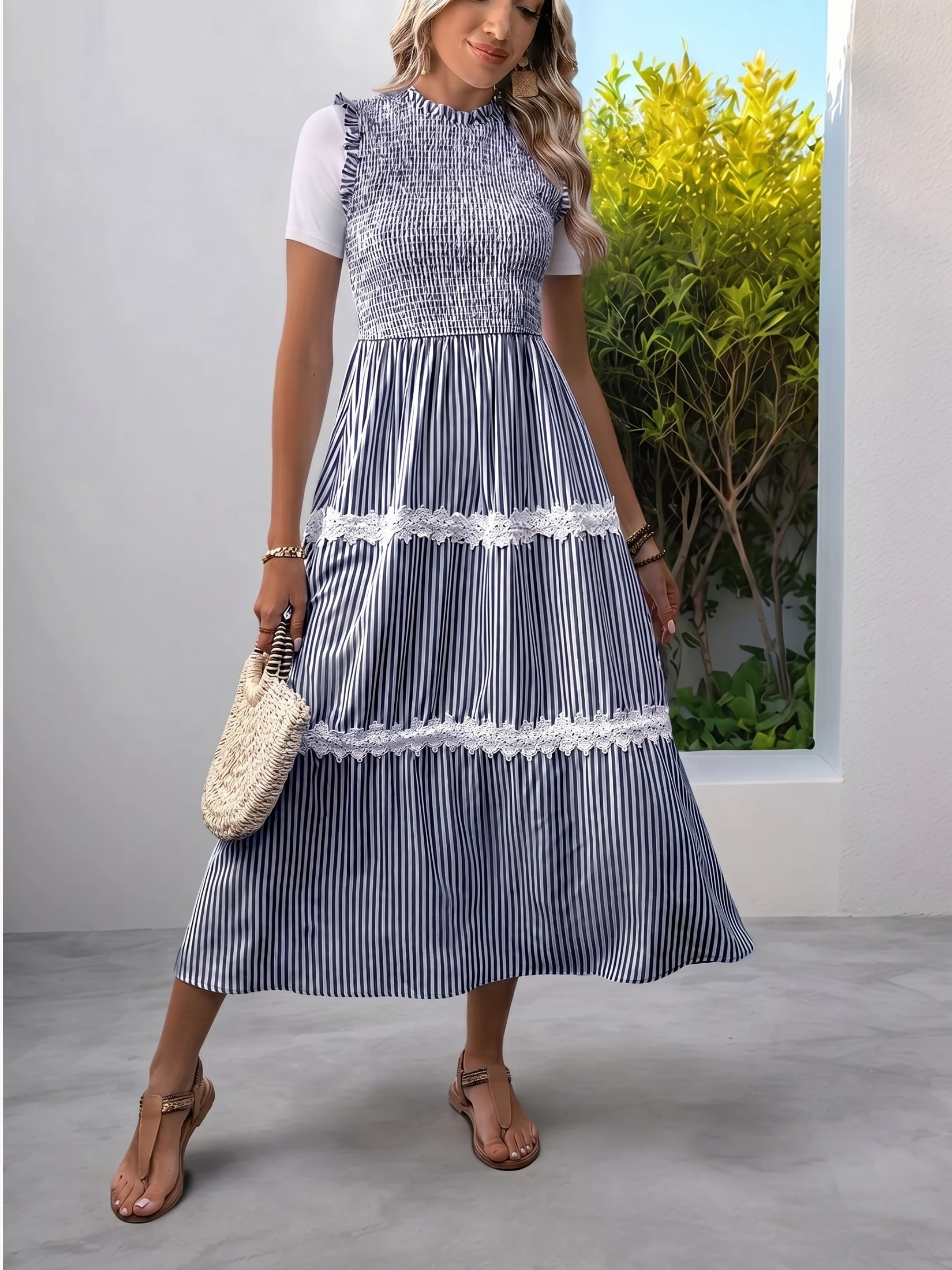 Smocked Striped Lace Trim Tiered Midi Dress