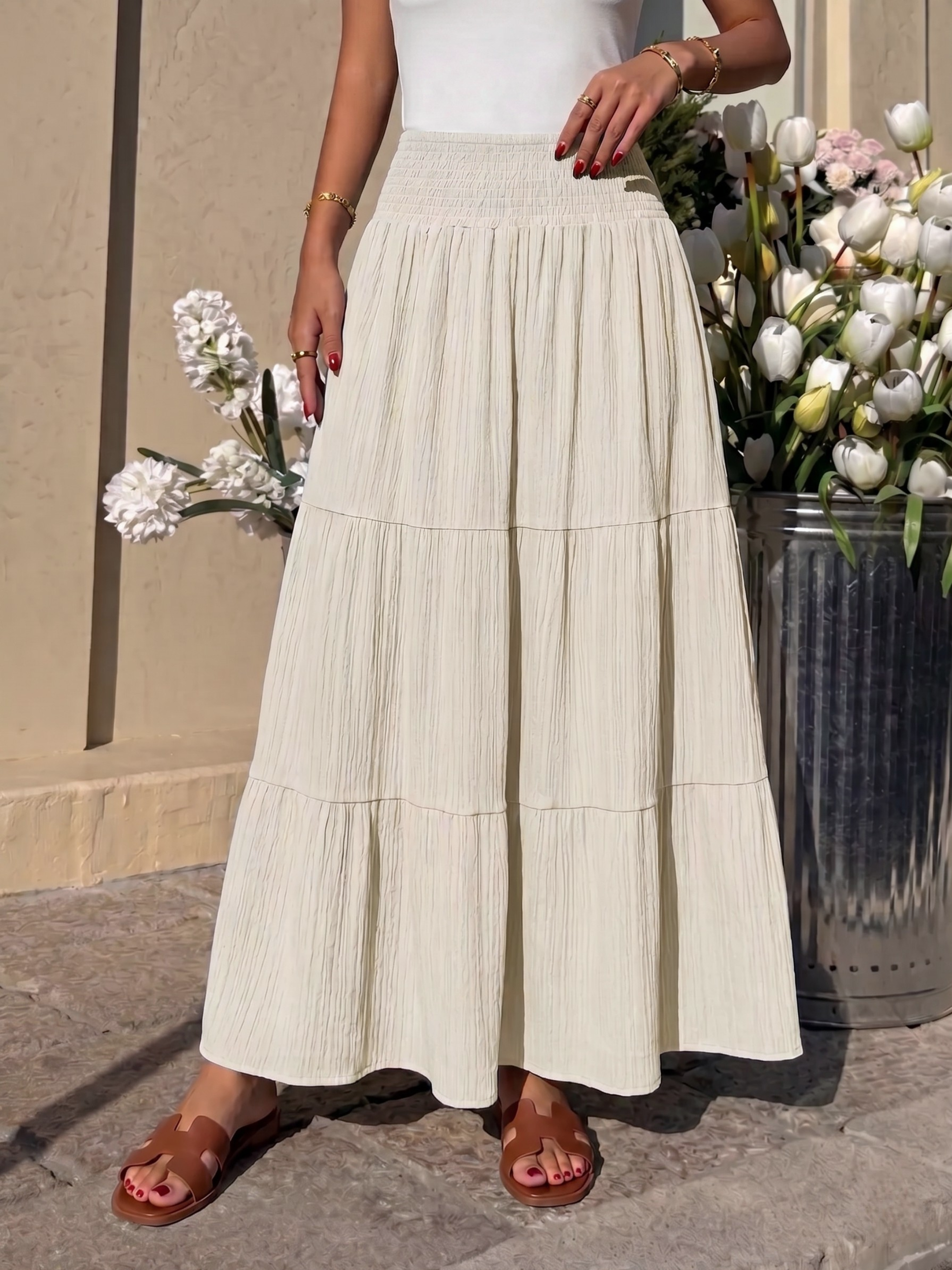 Smocked Tiered Flowy Maxi Skirt