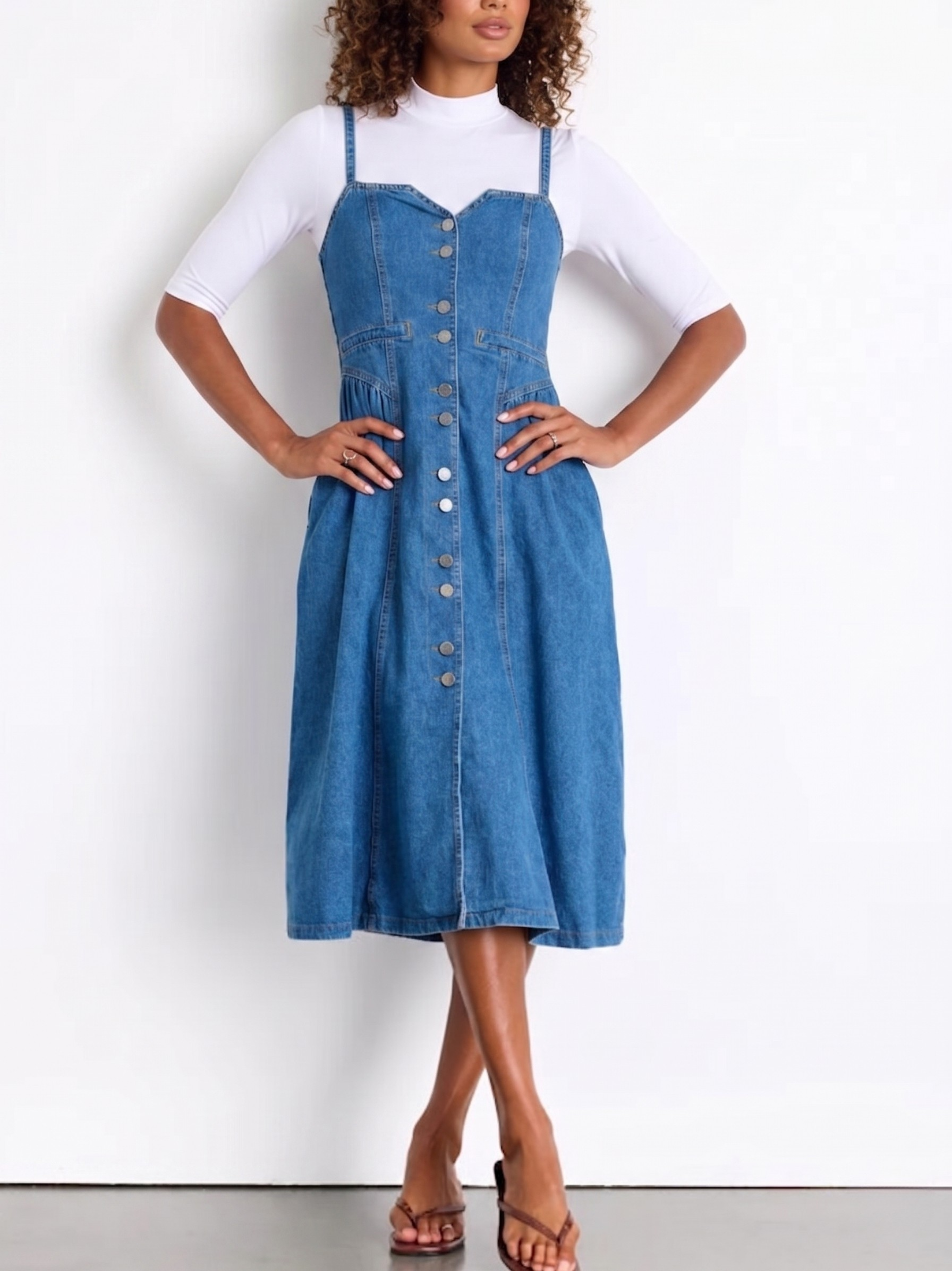 Sweetheart Neck Button-Front Smocked Midi Denim Dress