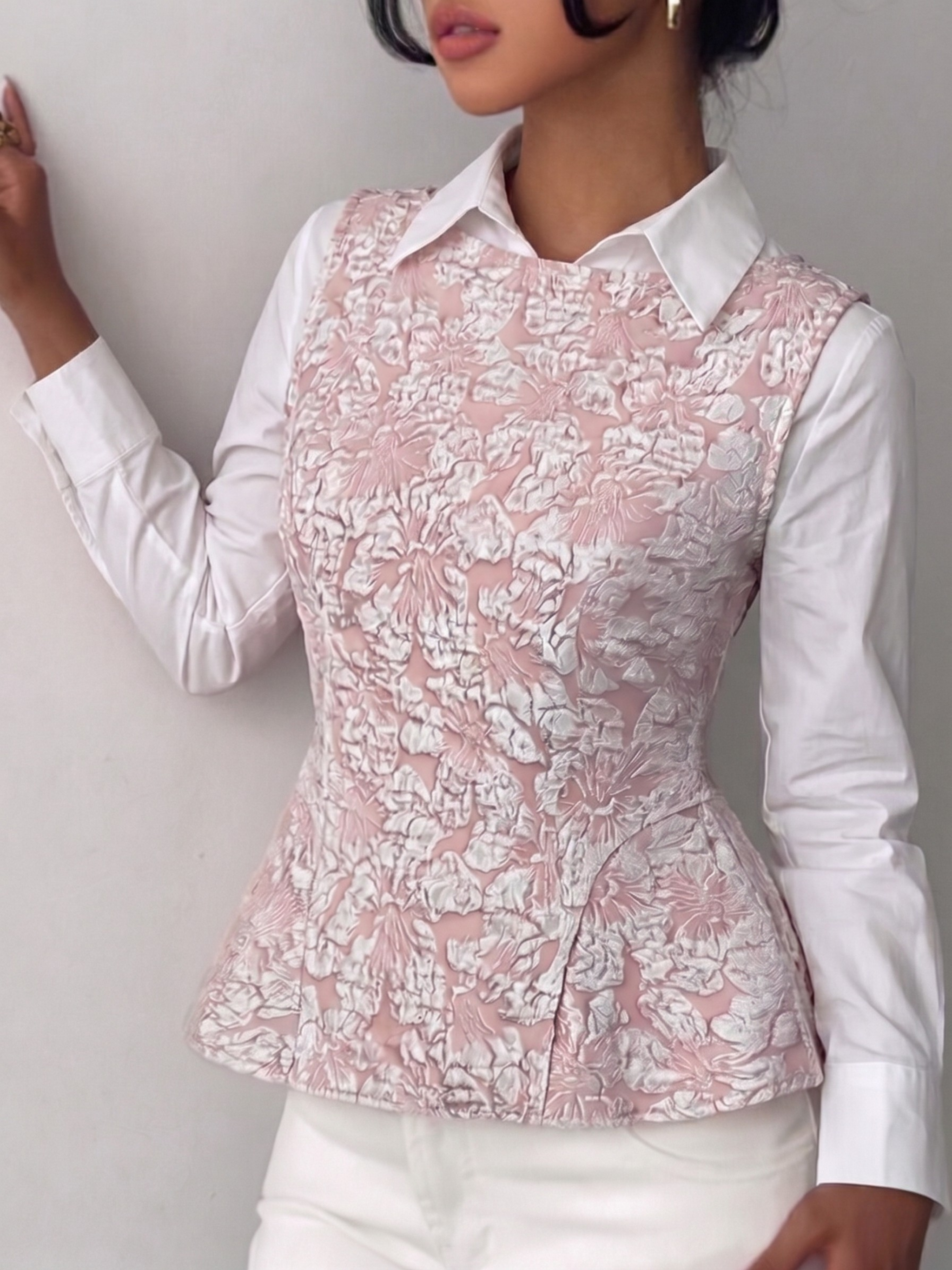 Floral Jacquard Belted Peplum Tank Top