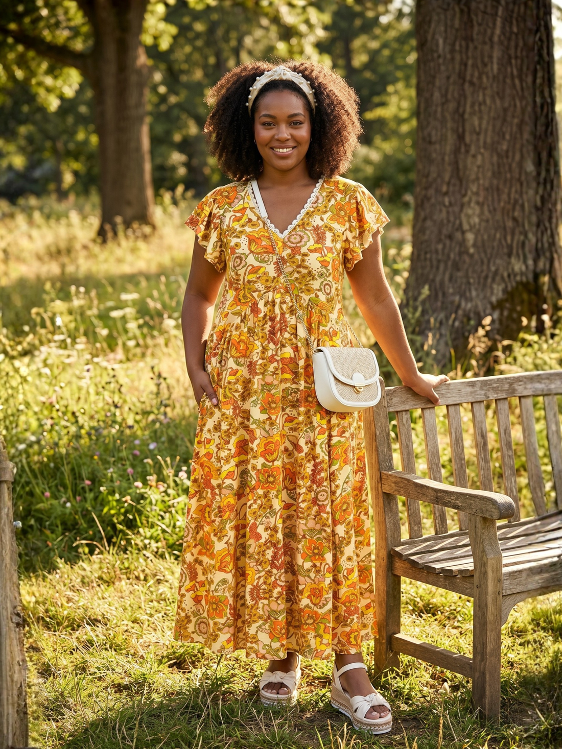 Plus Size Printed V-Neck Flutter Sleeve Tie Waist Maxi Dress