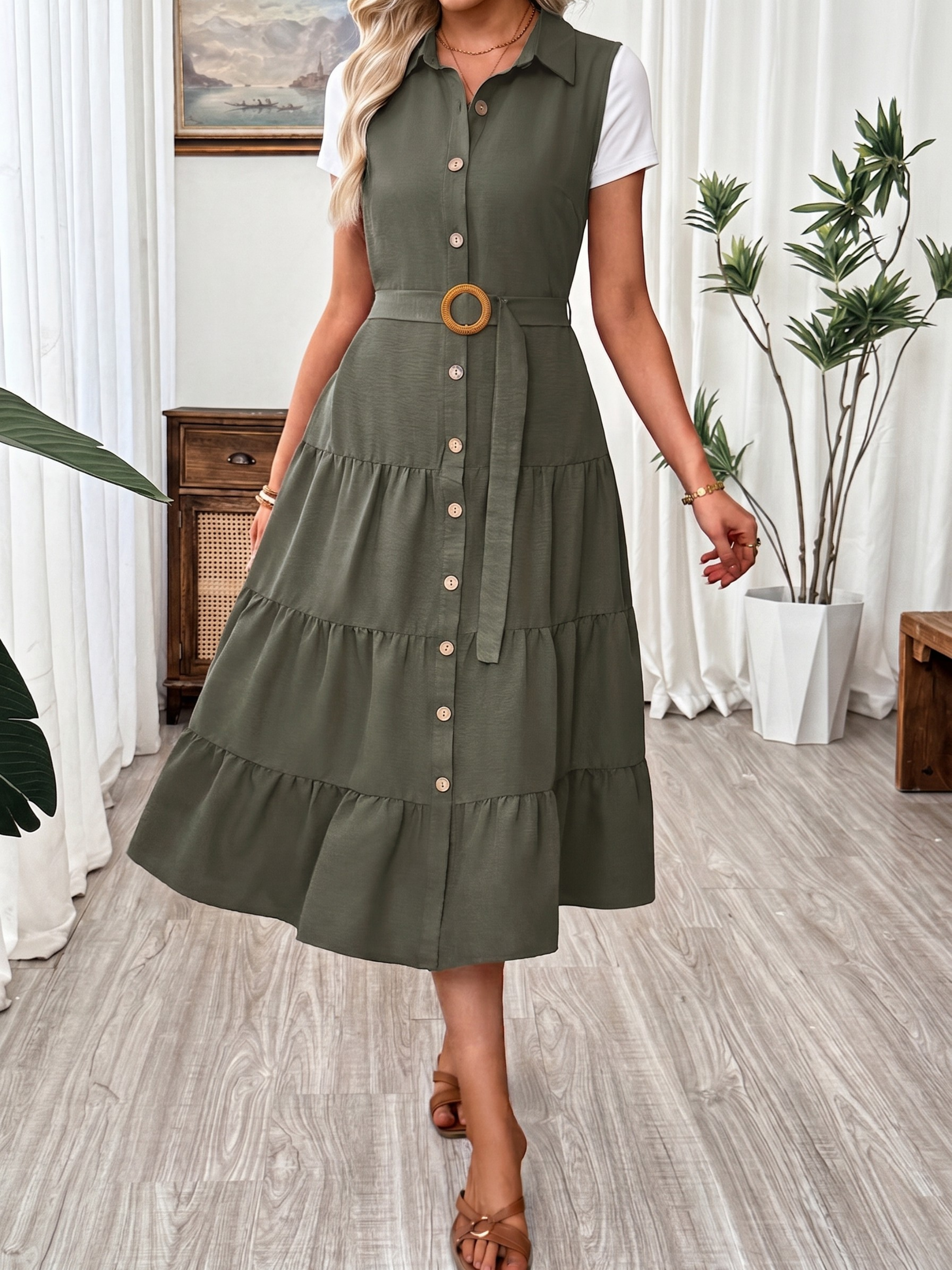 Collared Button-Down Tiered Midi Dress