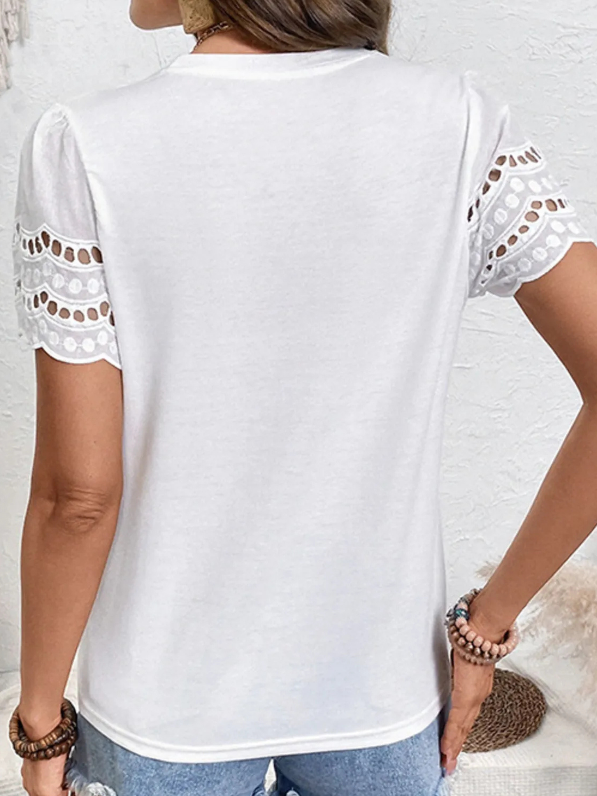 Round Neck Eyelet Sleeve Top