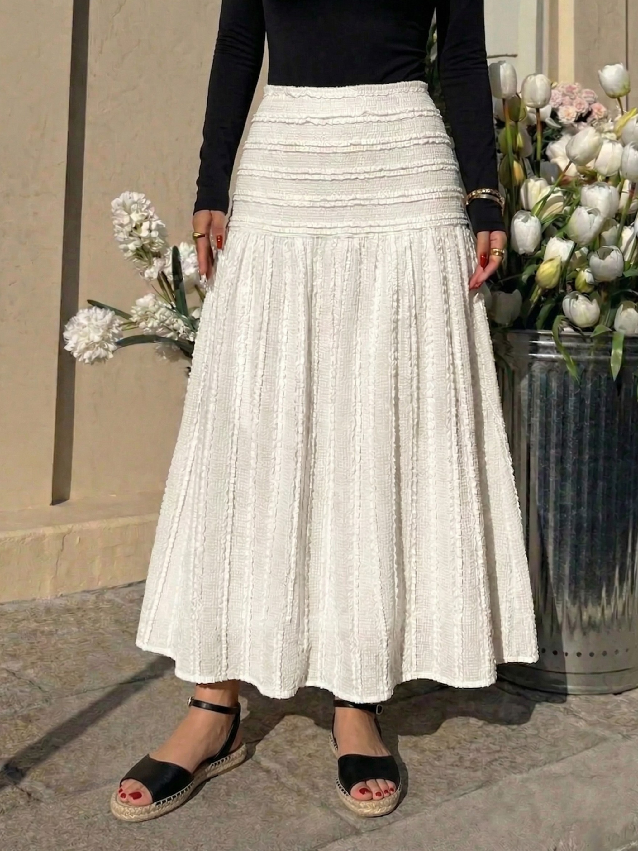 Textured Smocked Waist A-Line Midi Skirt