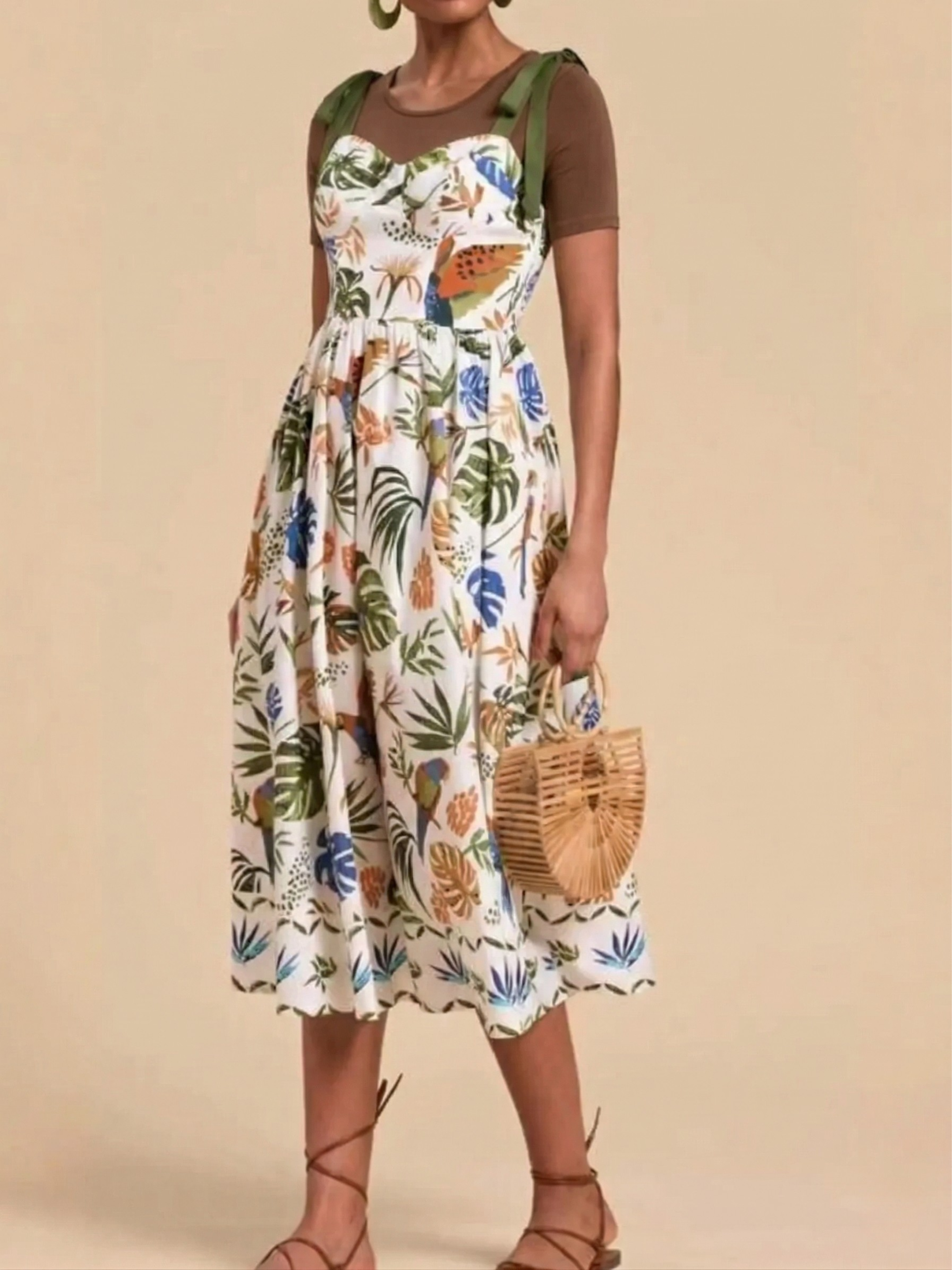Tropical Print Tie-Shoulder Sweetheart Midi Dress (Plus Size Friendly)