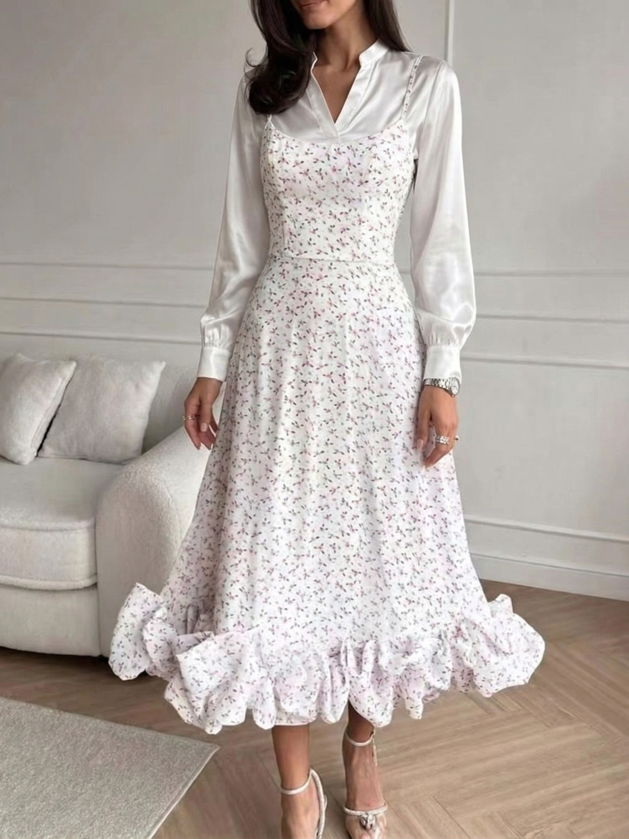 Ditsy Floral Ruffle Hem Spaghetti Strap Midi Dress