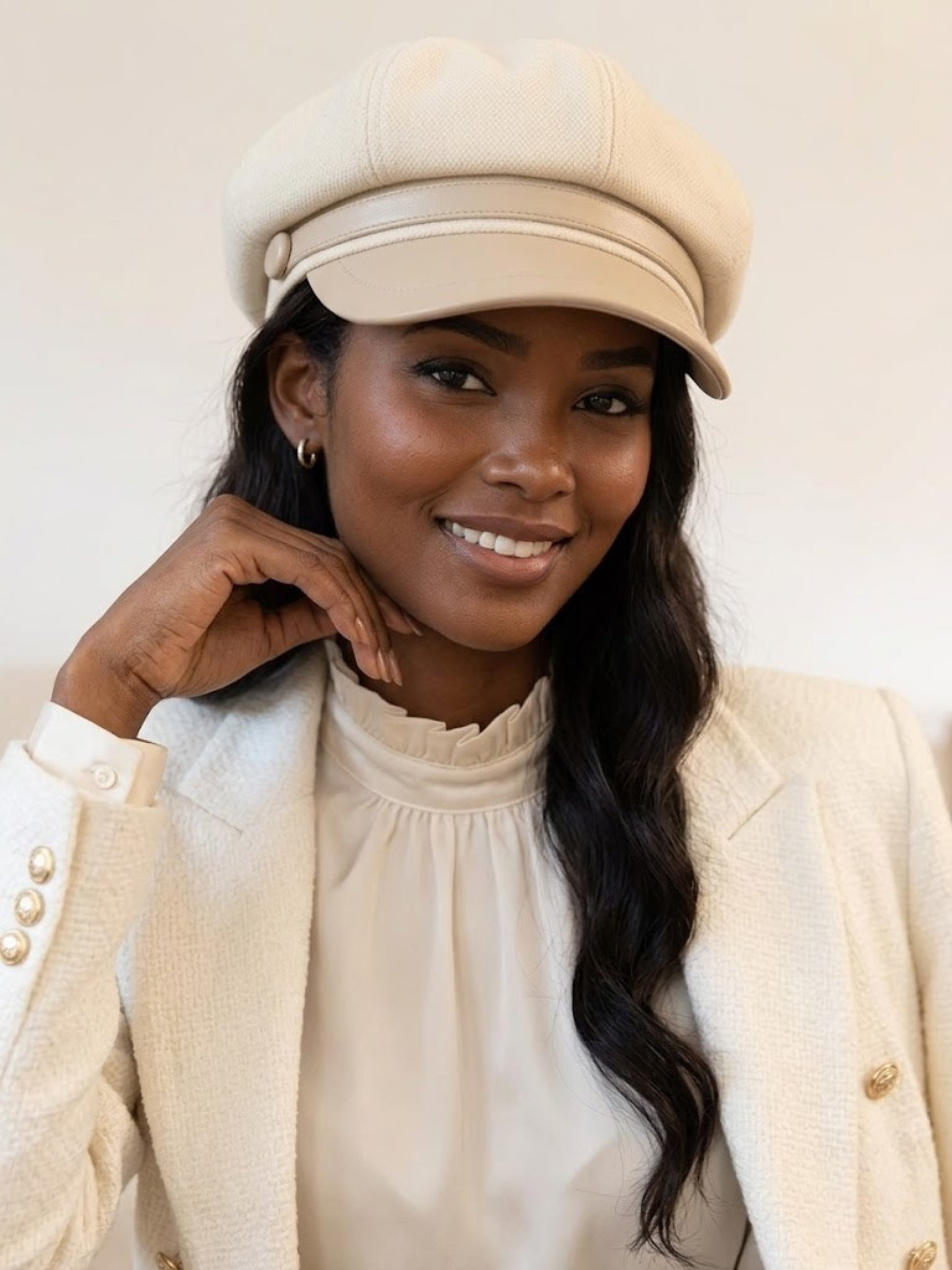 Wool Newsboy Cap with Faux Leather Brim