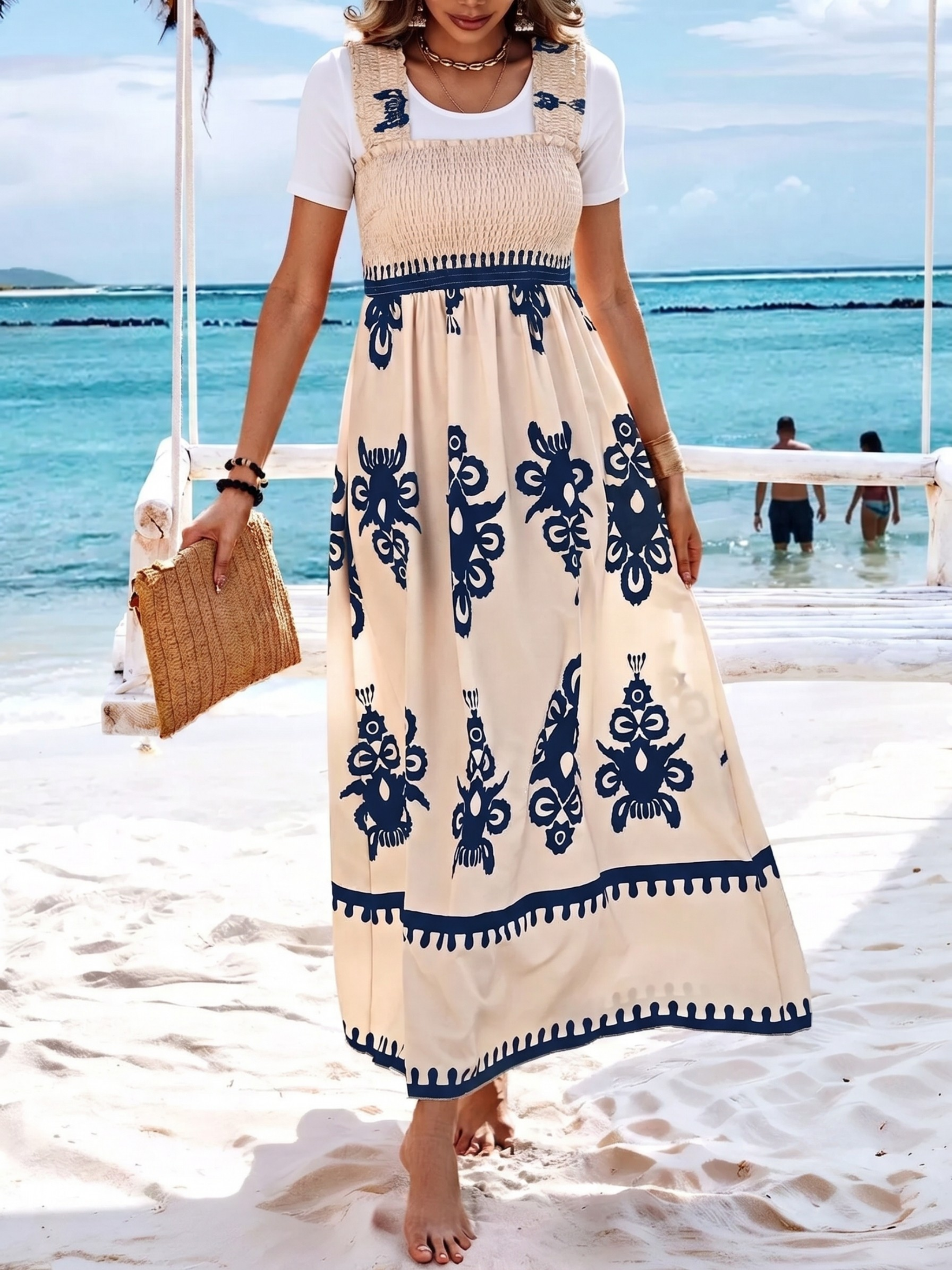 Smocked Printed Square Neck Maxi Dress (Plus Size Friendly)