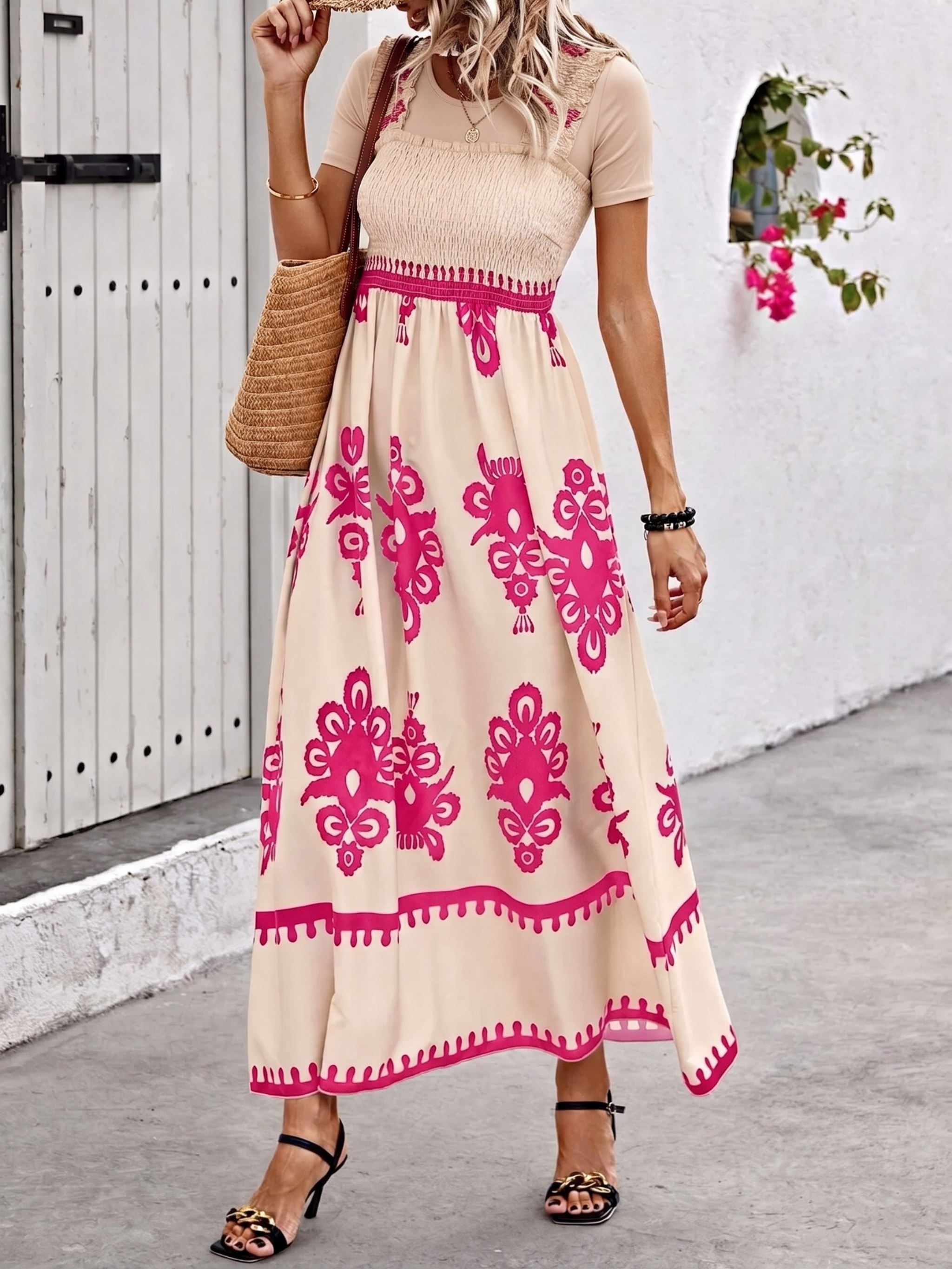Smocked Printed Square Neck Maxi Dress (Plus Size Friendly)