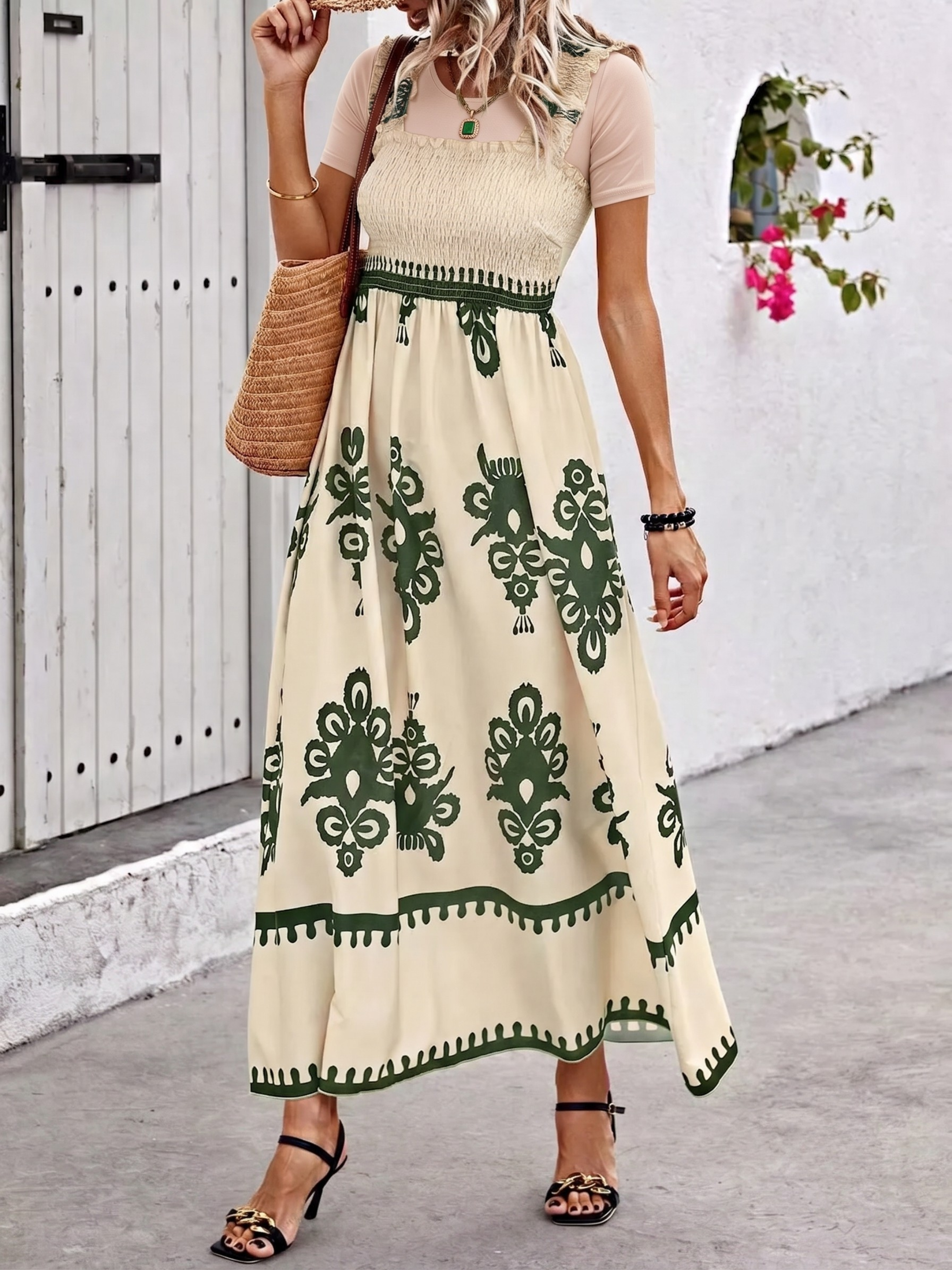 Smocked Printed Square Neck Maxi Dress (Plus Size Friendly)
