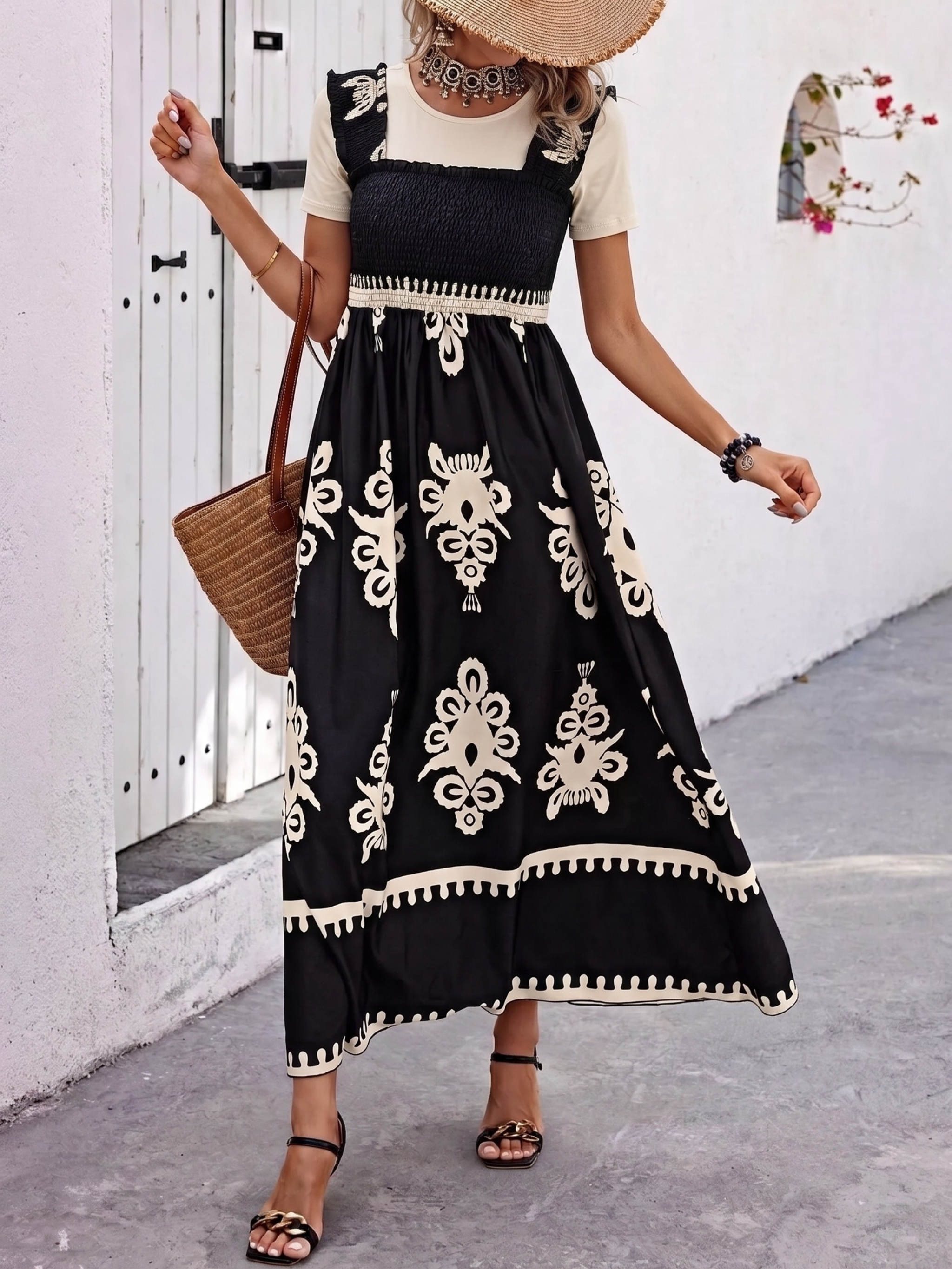 Smocked Printed Square Neck Maxi Dress (Plus Size Friendly)