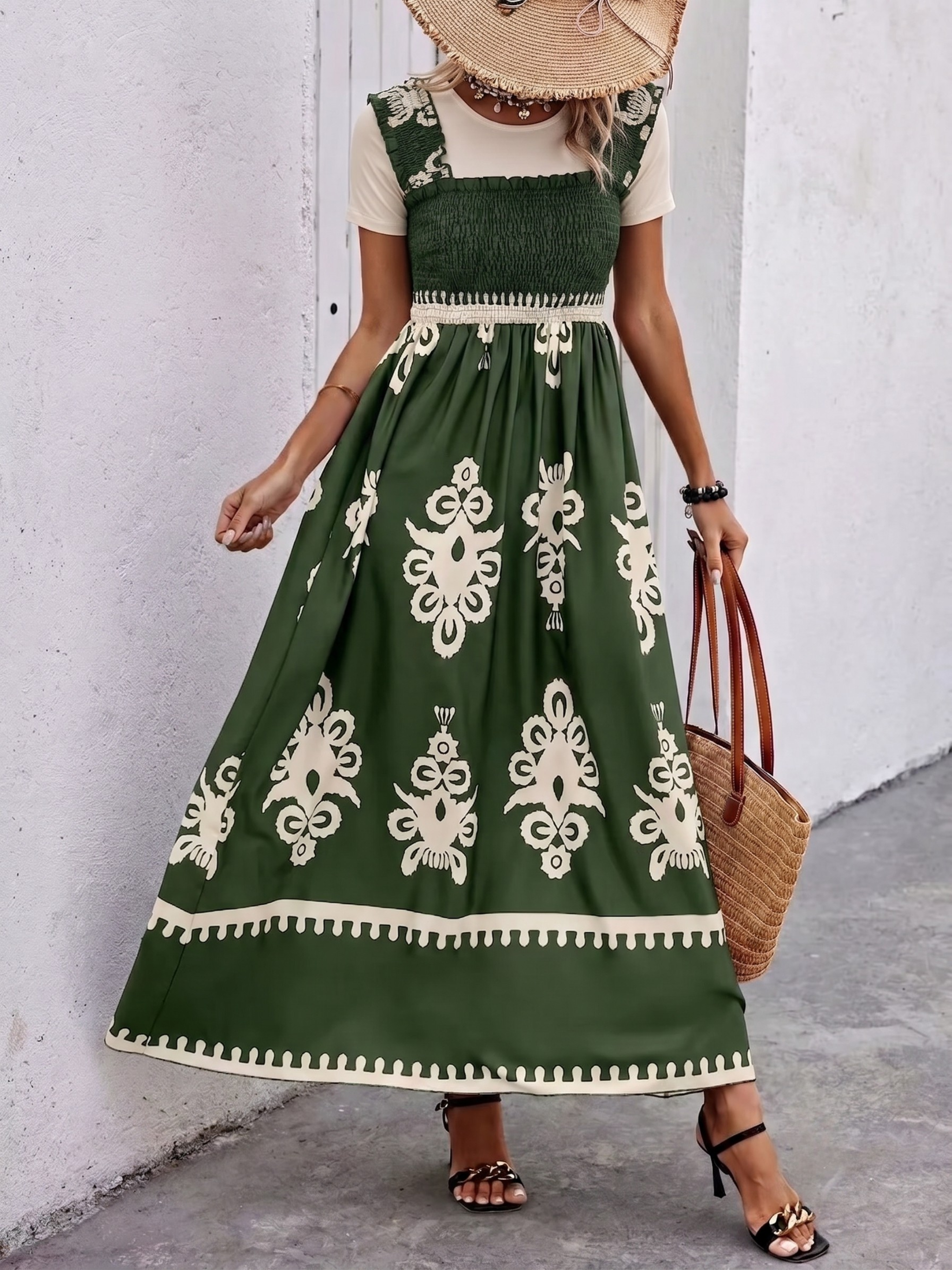 Smocked Printed Square Neck Maxi Dress (Plus Size Friendly)