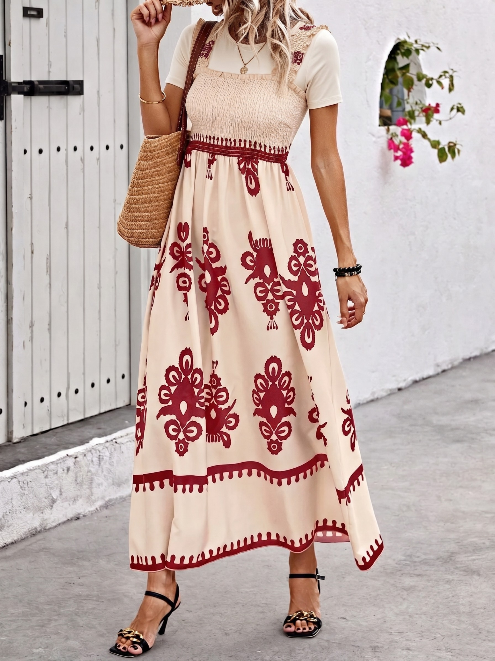 Smocked Printed Square Neck Maxi Dress (Plus Size Friendly)