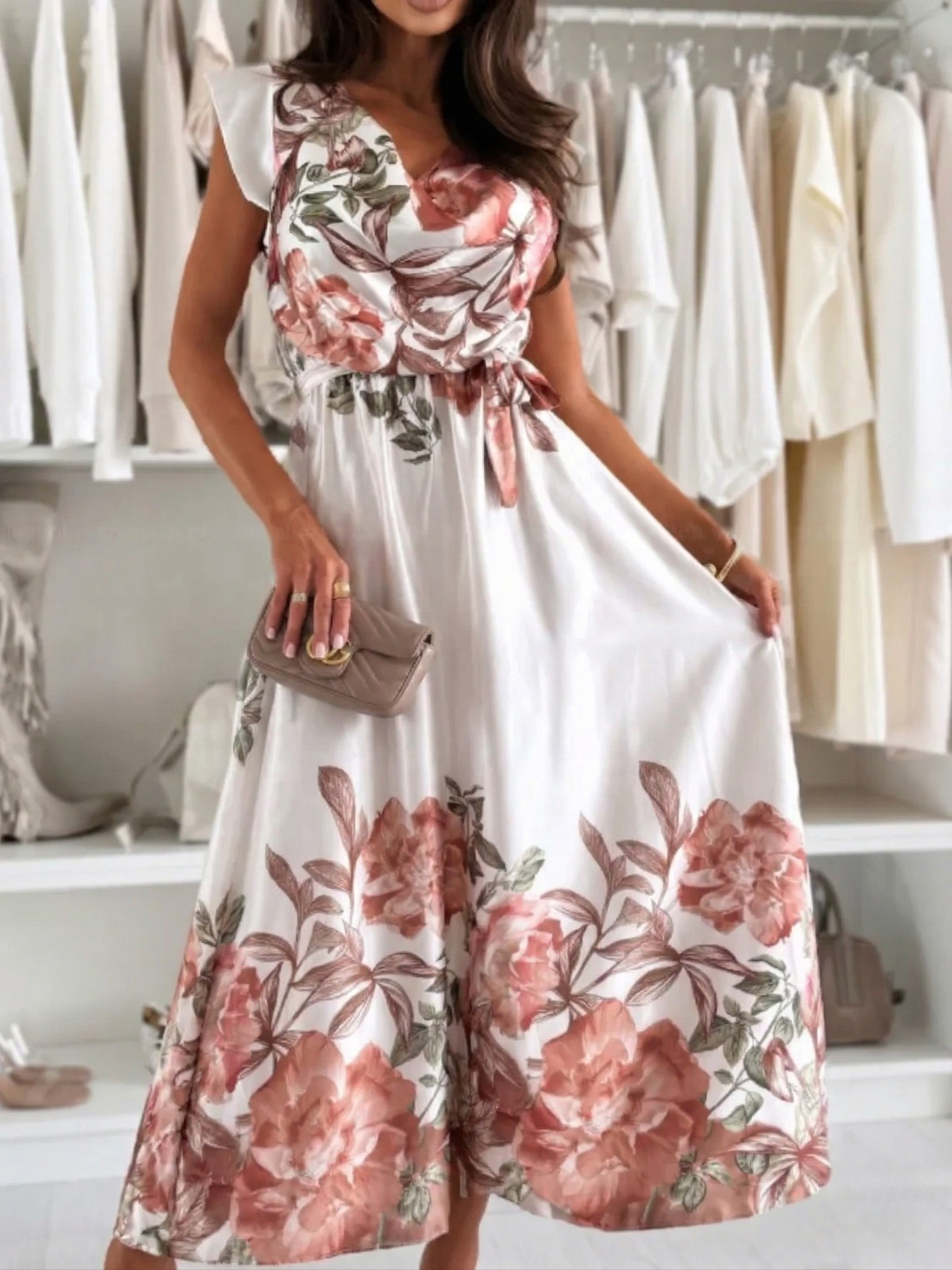 Floral Border Print Ruffle Cap Sleeve Belted Maxi Dress (Plus Size Friendly)