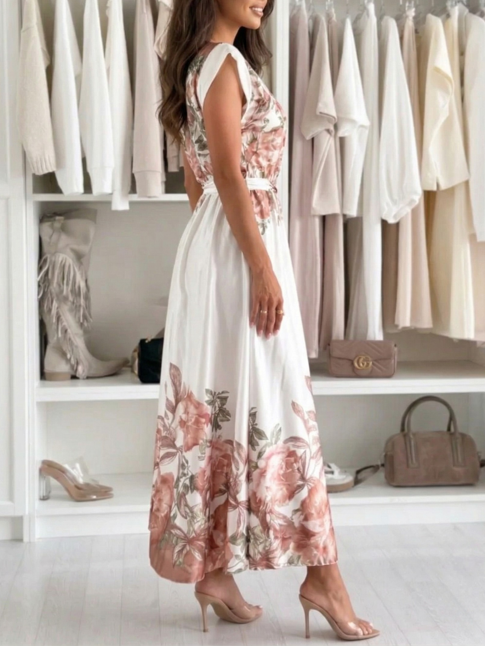 Floral Border Print Ruffle Cap Sleeve Belted Maxi Dress (Plus Size Friendly)