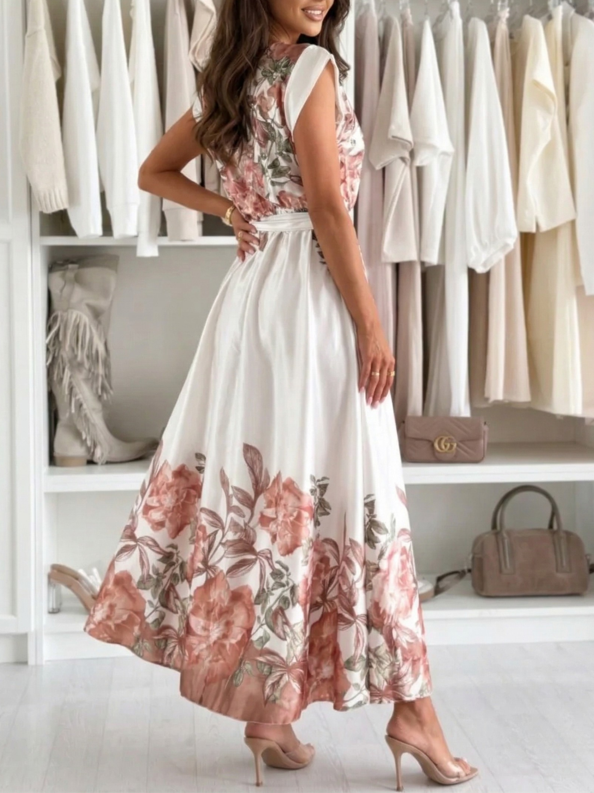 Floral Border Print Ruffle Cap Sleeve Belted Maxi Dress (Plus Size Friendly)