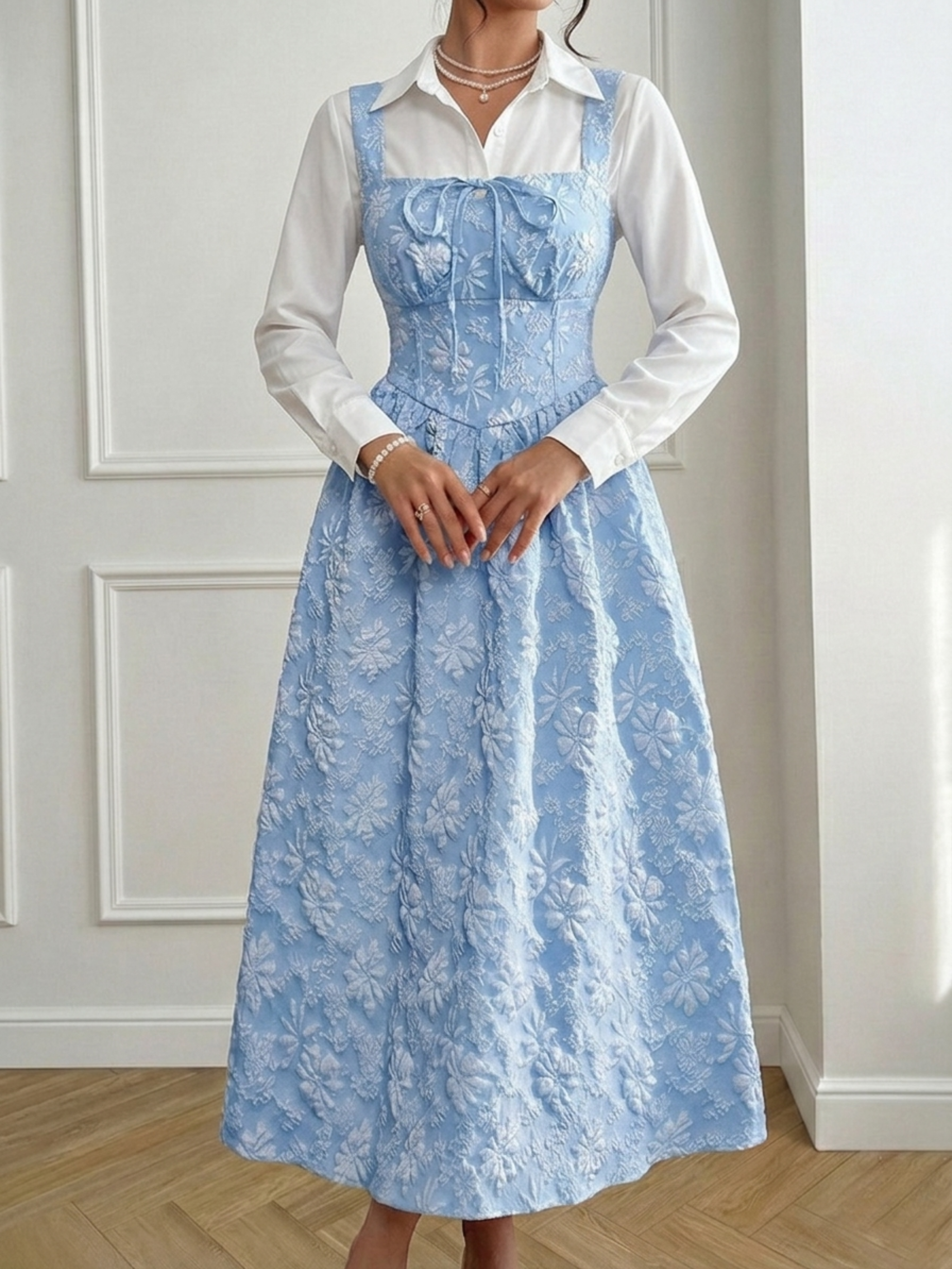 Floral Jacquard Tie-Front Smocked Midi Dress