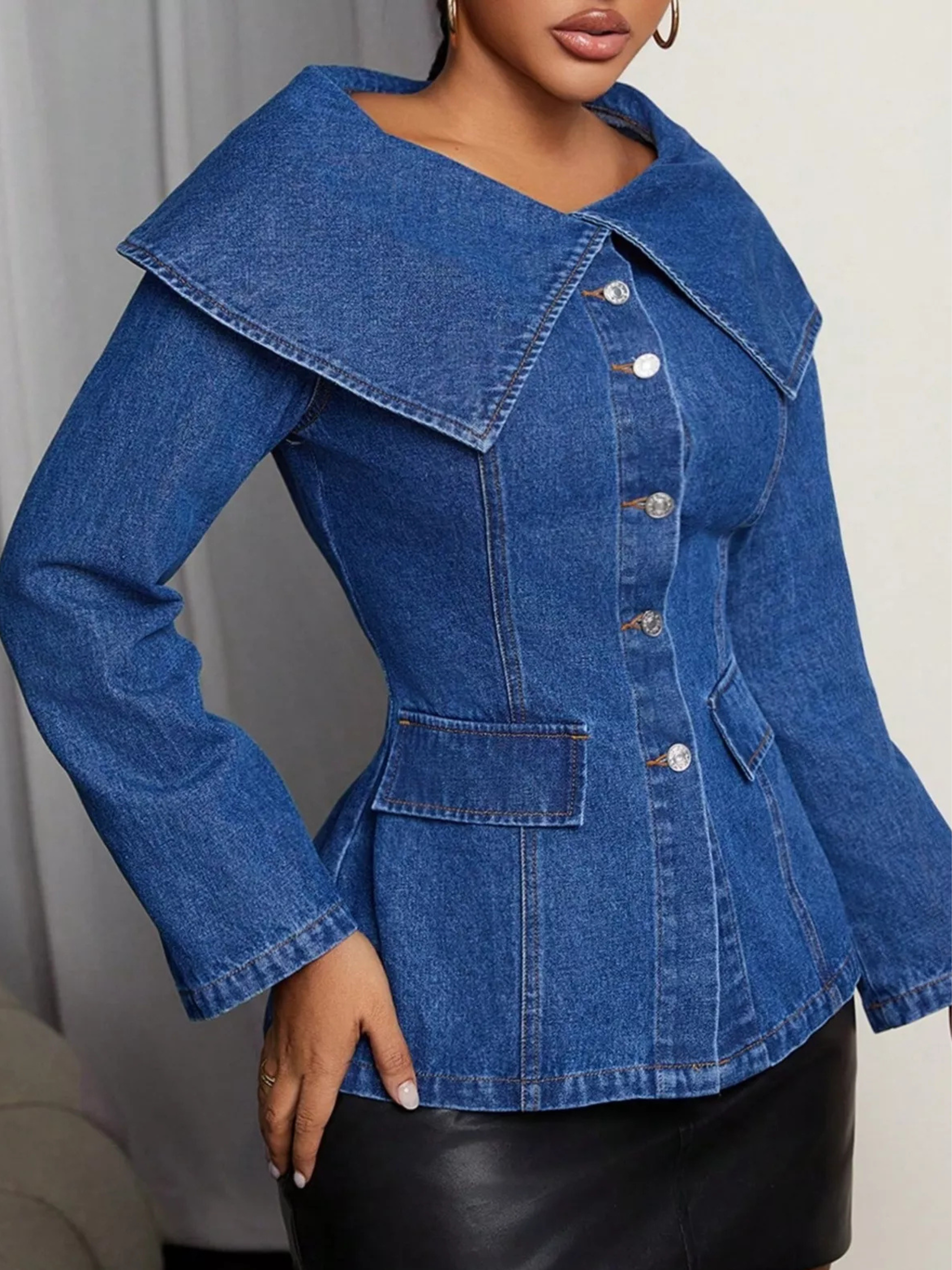 Sailor Collar Button-Front Denim Jacket Top (Plus Size Friendly)