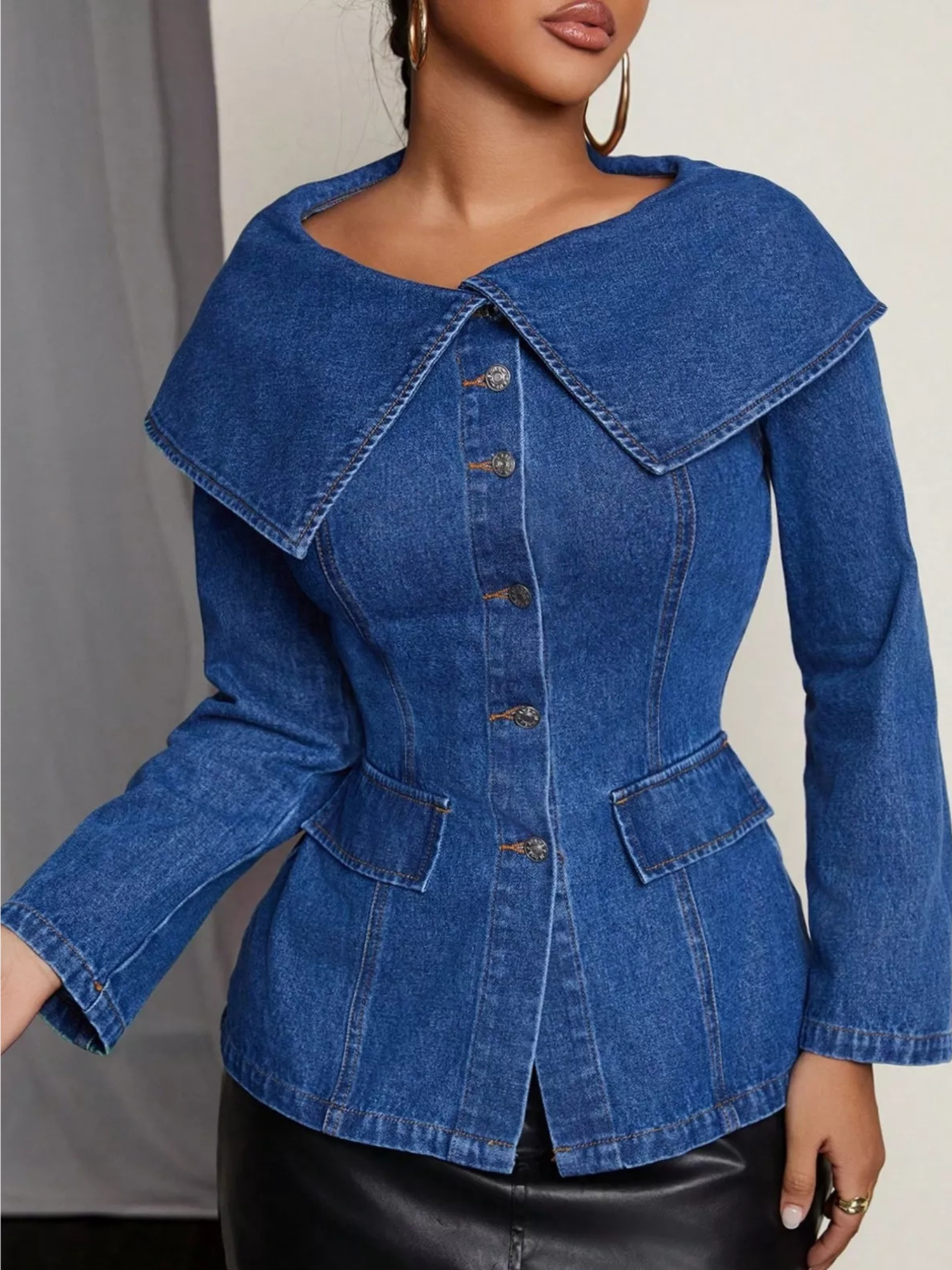 Sailor Collar Button-Front Denim Jacket Top (Plus Size Friendly)