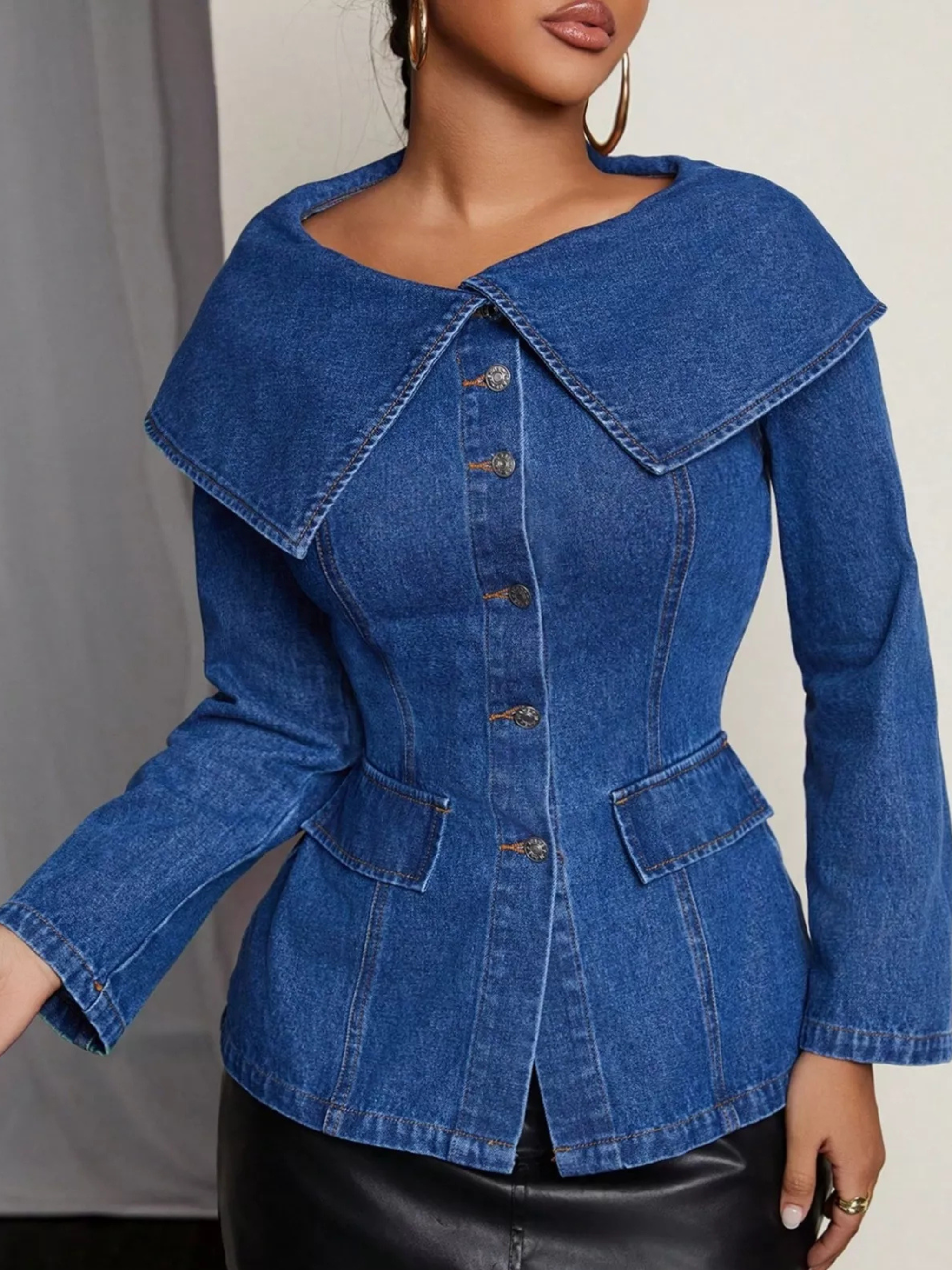 Sailor Collar Button-Front Denim Jacket Top (Plus Size Friendly)