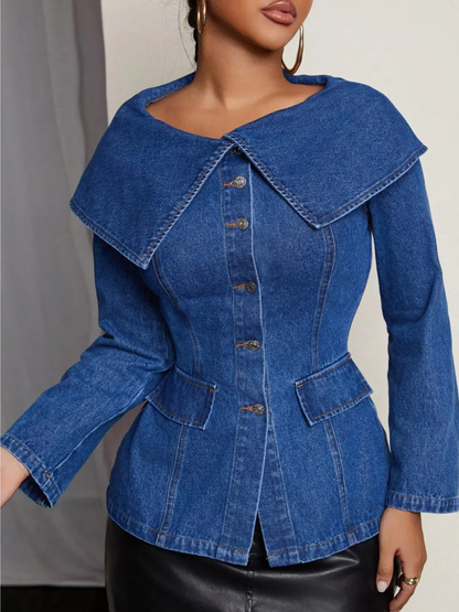 Sailor Collar Button-Front Denim Jacket Top (Plus Size Friendly)