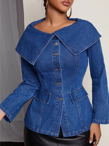 Sailor Collar Button-Front Denim Jacket Top (Plus Size Friendly)