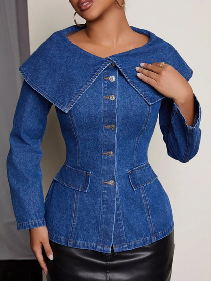 Sailor Collar Button-Front Denim Jacket Top (Plus Size Friendly)