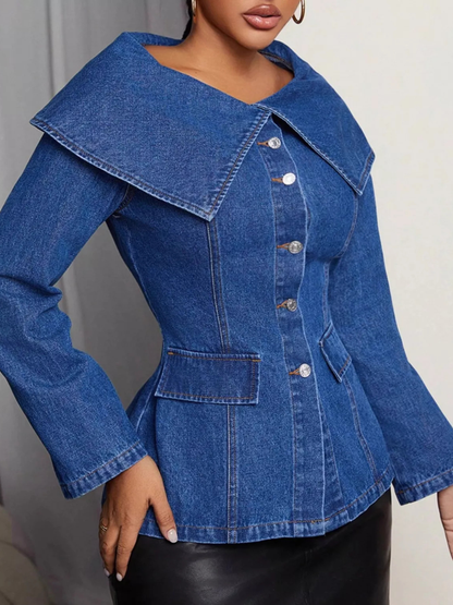 Sailor Collar Button-Front Denim Jacket Top (Plus Size Friendly)