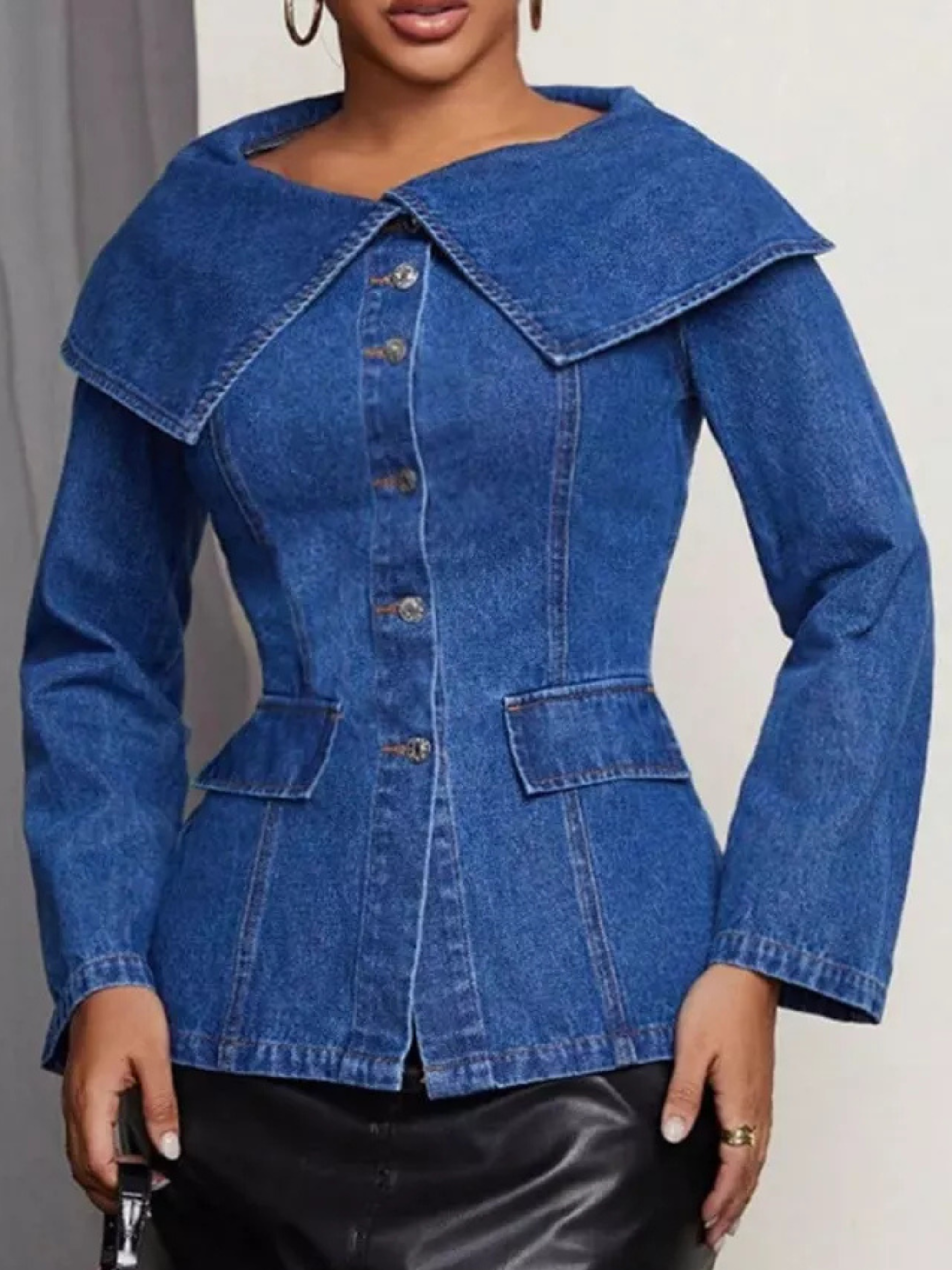 Sailor Collar Button-Front Denim Jacket Top (Plus Size Friendly)