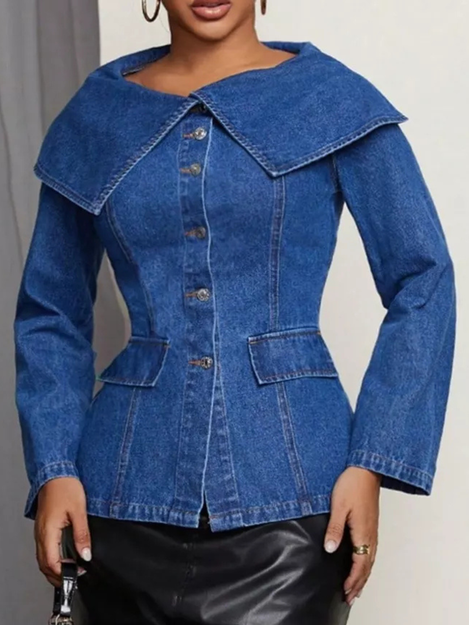 Sailor Collar Button-Front Denim Jacket Top (Plus Size Friendly)