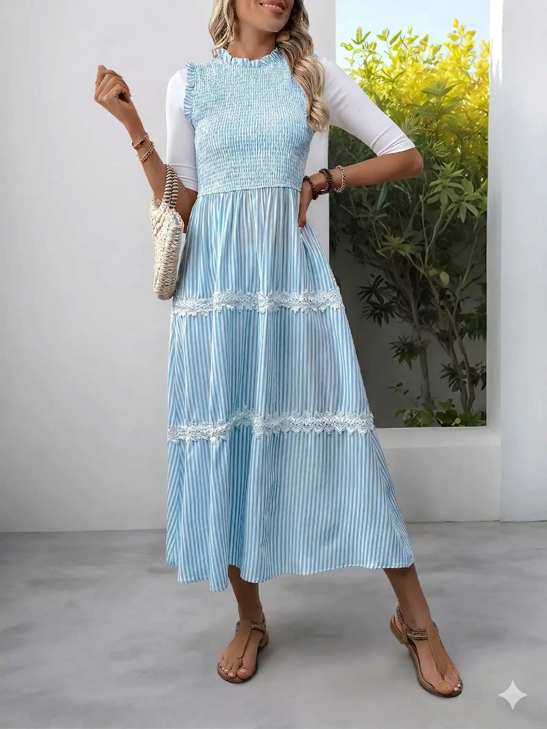 Striped Smocked Lace-Trim Tiered Midi Dress