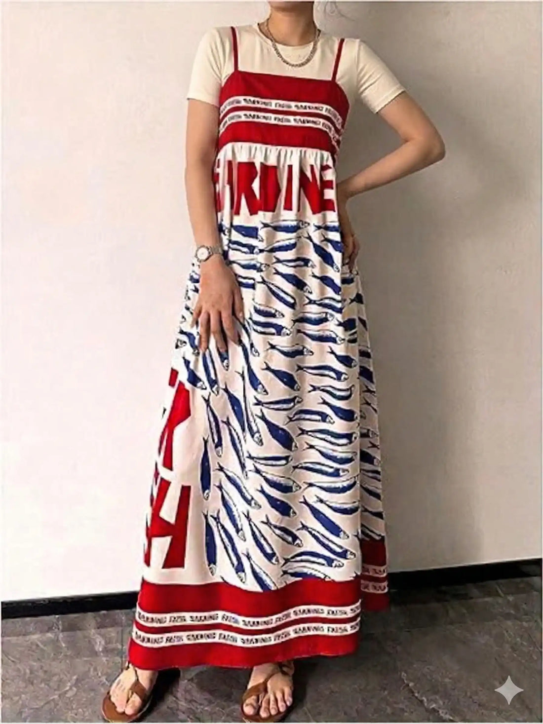 Sardine Print Spaghetti Strap Maxi Dress (Plus Size Friendly)