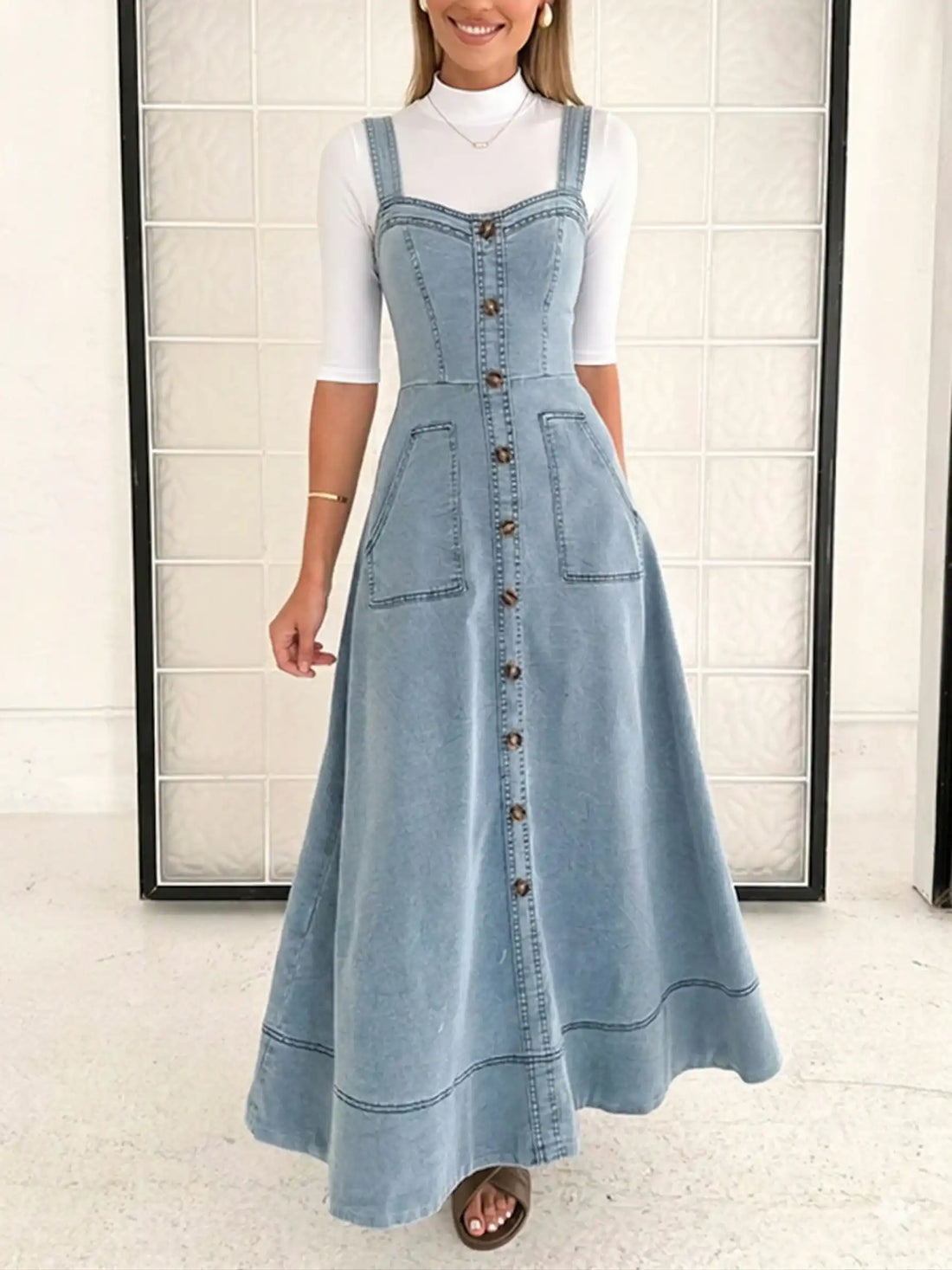 Button-Front Denim Maxi Dress with Pockets