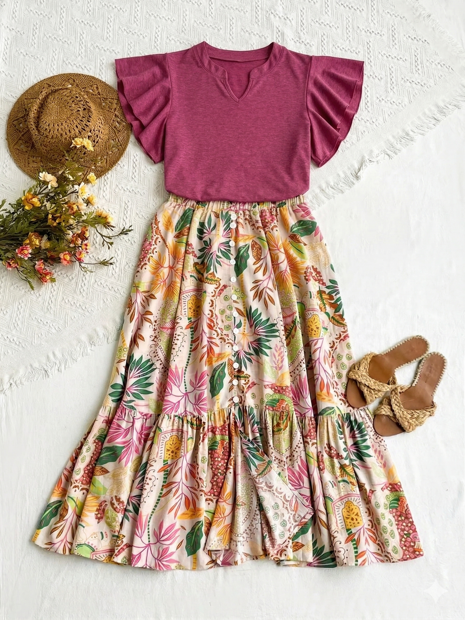 Tropical Floral Tiered Ruffle Midi Skirt