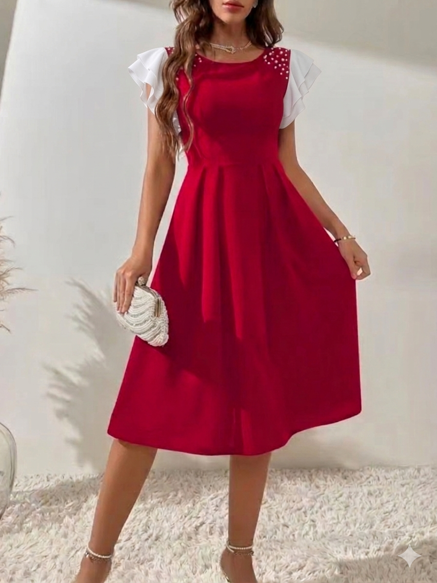 Pearl Shoulder Detail Sleeveless A-Line Midi Dress