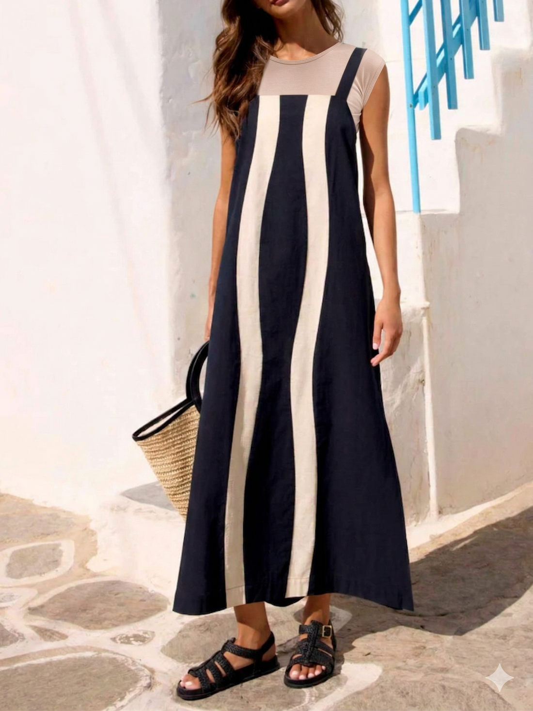 Color Block Stripe Wide-Strap Maxi Dress