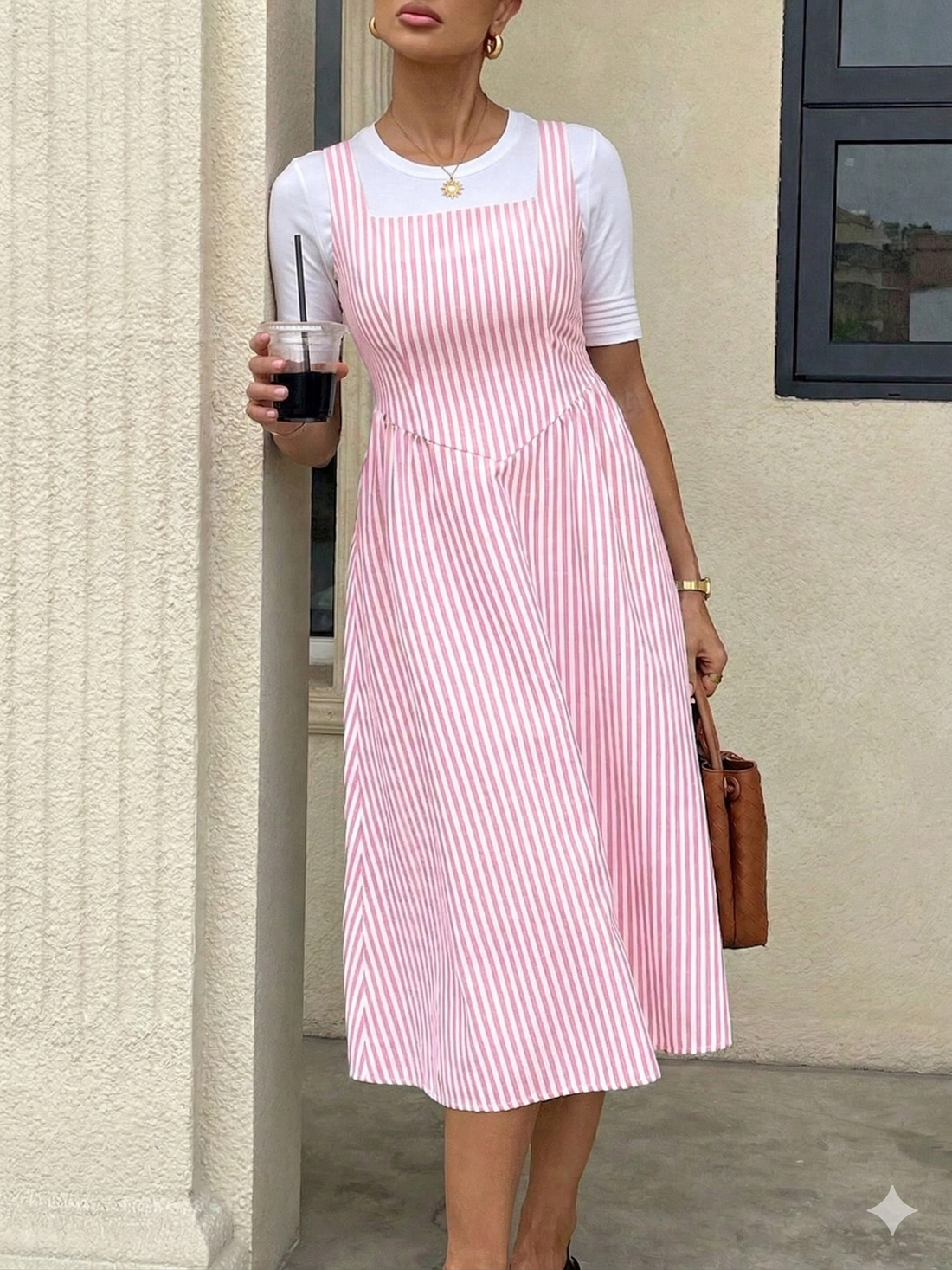 Striped Square Neck A-Line Midi Dress