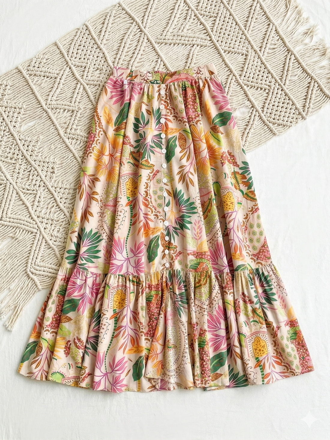 Tropical Floral Tiered Ruffle Midi Skirt