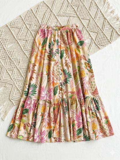 Tropical Floral Tiered Ruffle Midi Skirt