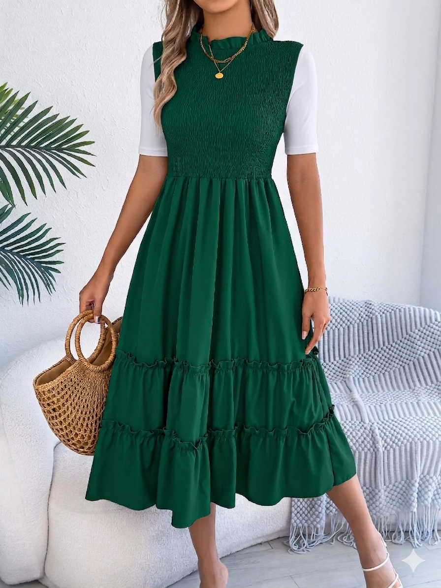 Smocked Ruffle Neck Tiered Midi Dress