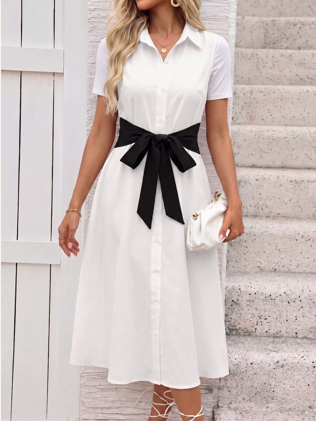 Contrast Bow Collared Midi Dress