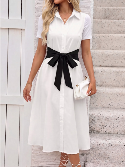 Contrast Bow Collared Midi Dress