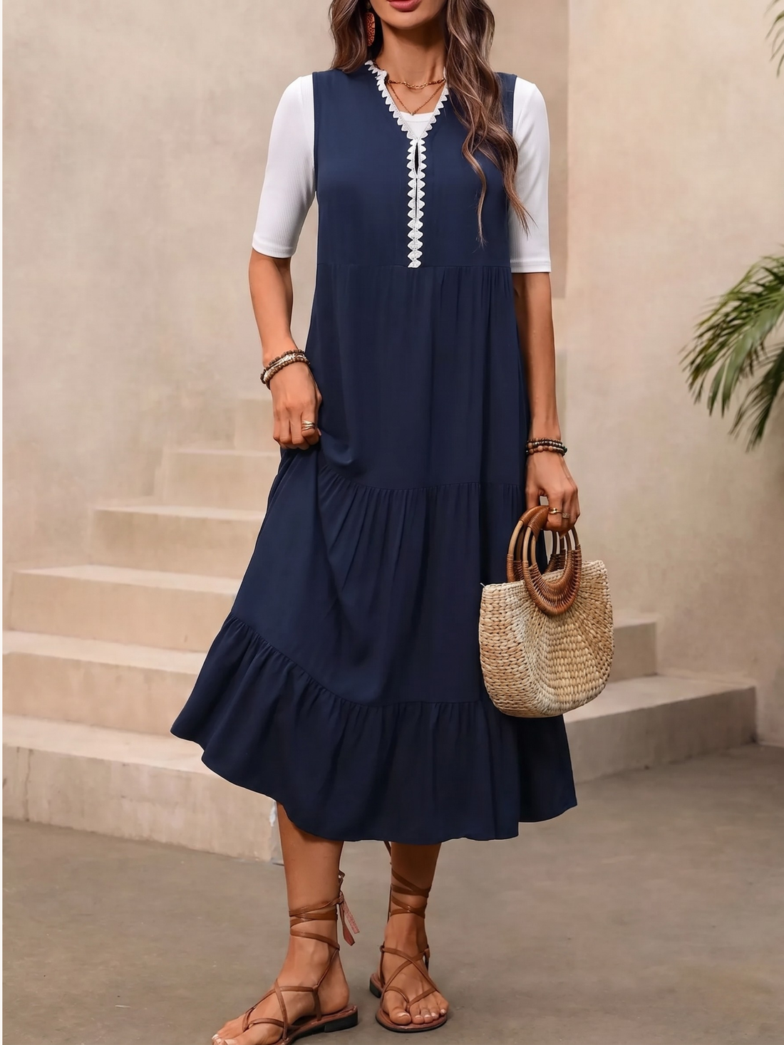 Rickrack Trim V-Neck Sleeveless Tiered Midi Dress
