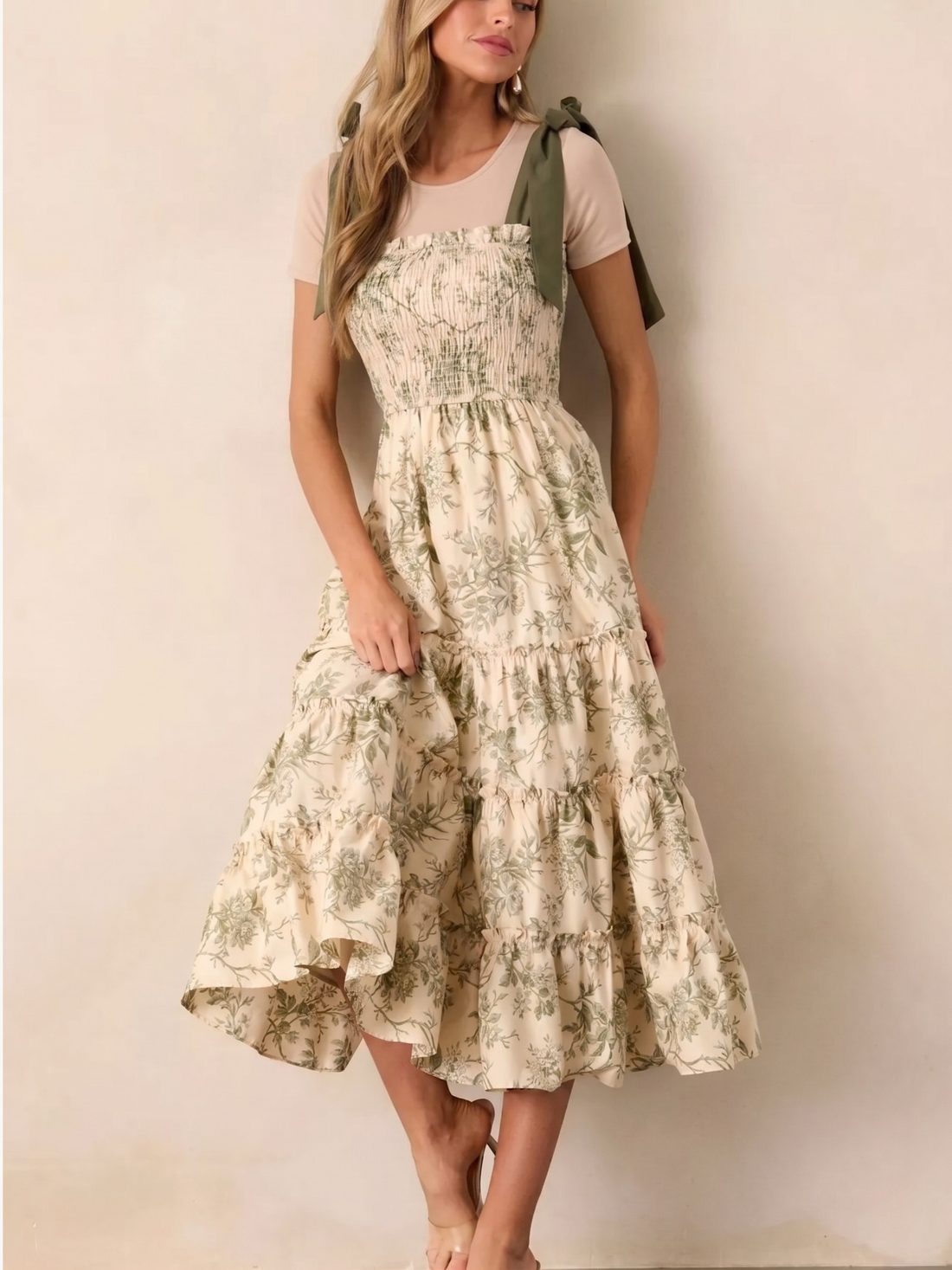Floral Toile Smocked Bodice Tie-Strap Tiered Midi Dress