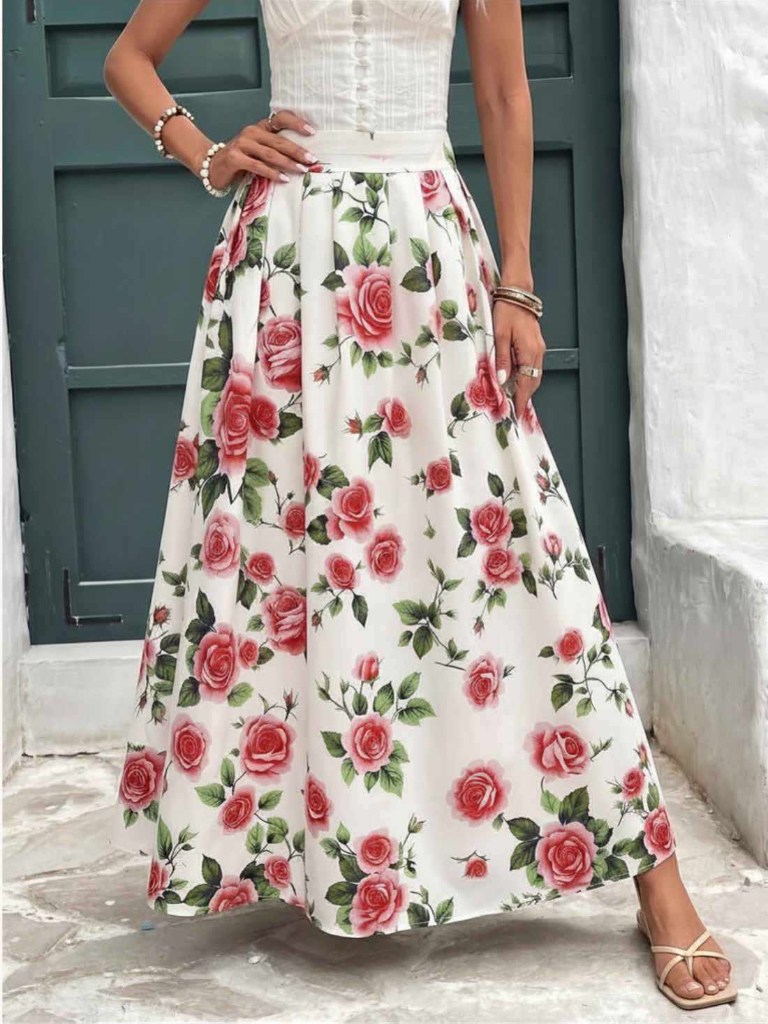 Rose Print Pleated Flowy Maxi Skirt