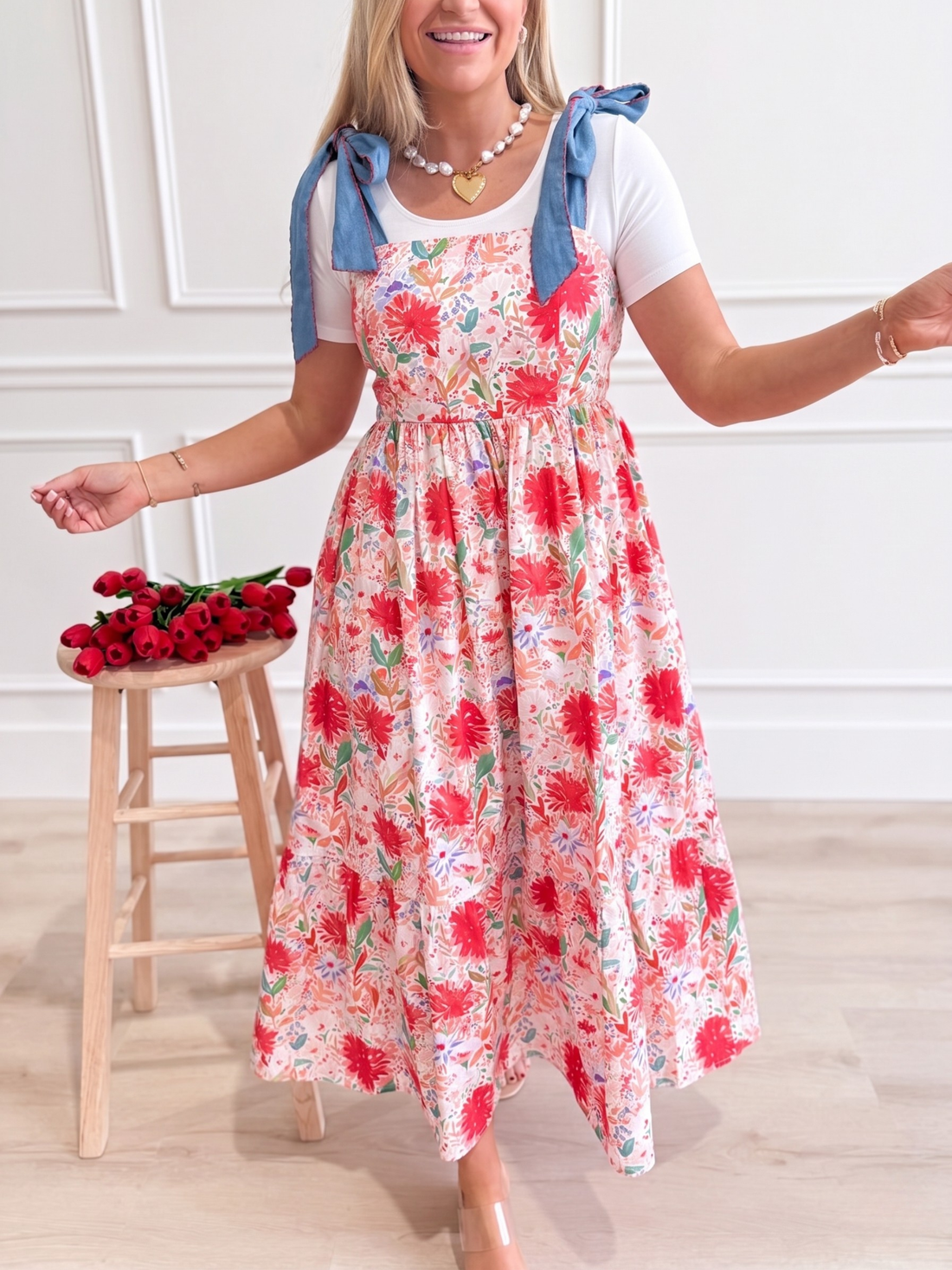 Floral Print Smocked Bodice Tie-Shoulder Midi Dress