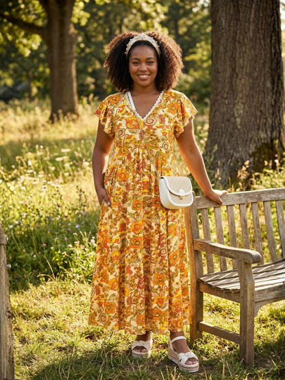 Plus Size Printed V-Neck Flutter Sleeve Tie Waist Maxi Dress