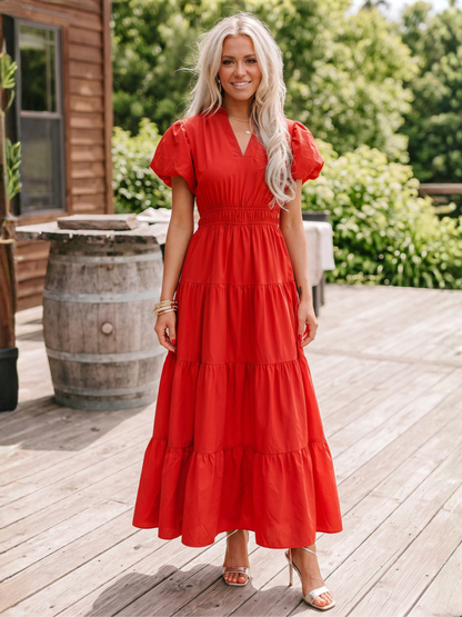 Ruffle Trim V-Neck Puff Sleeve Smocked Waist Tiered Maxi Dress