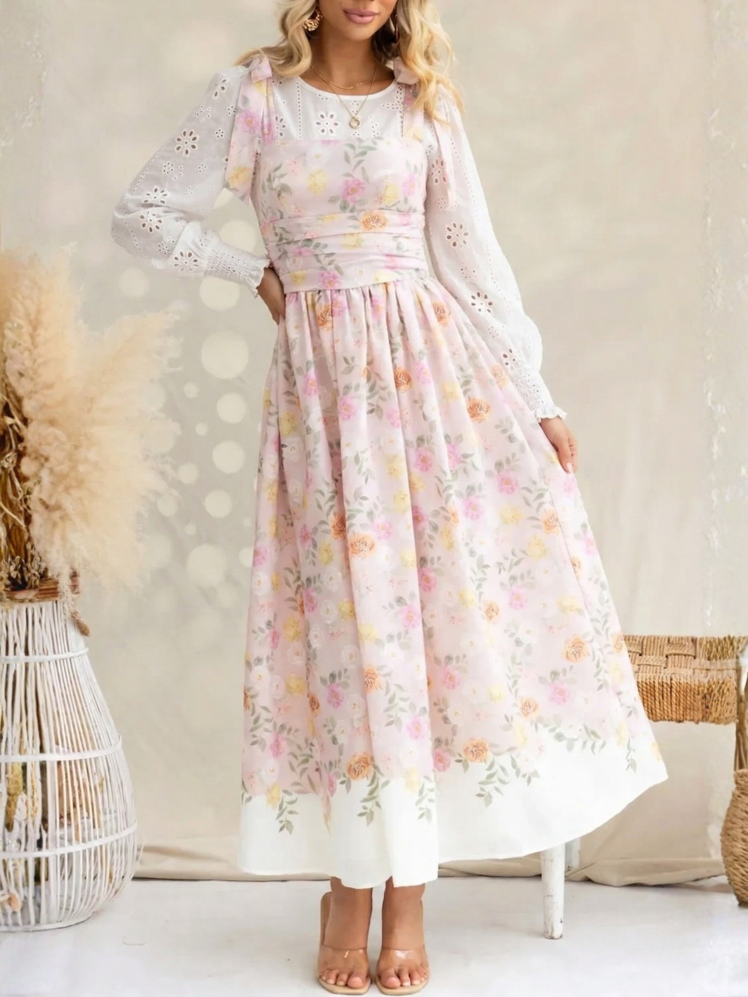Floral Print Tie-Shoulder Square Neck Midi Dress